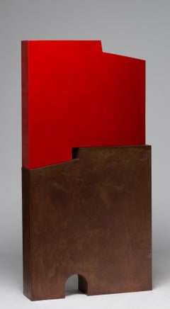 Tall outside sculpture, geometric abstract steel sculpture, steel red