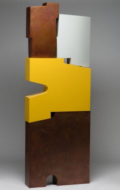 Tall outside sculpture, geometric abstract steel sculpture, steel white Yellow
