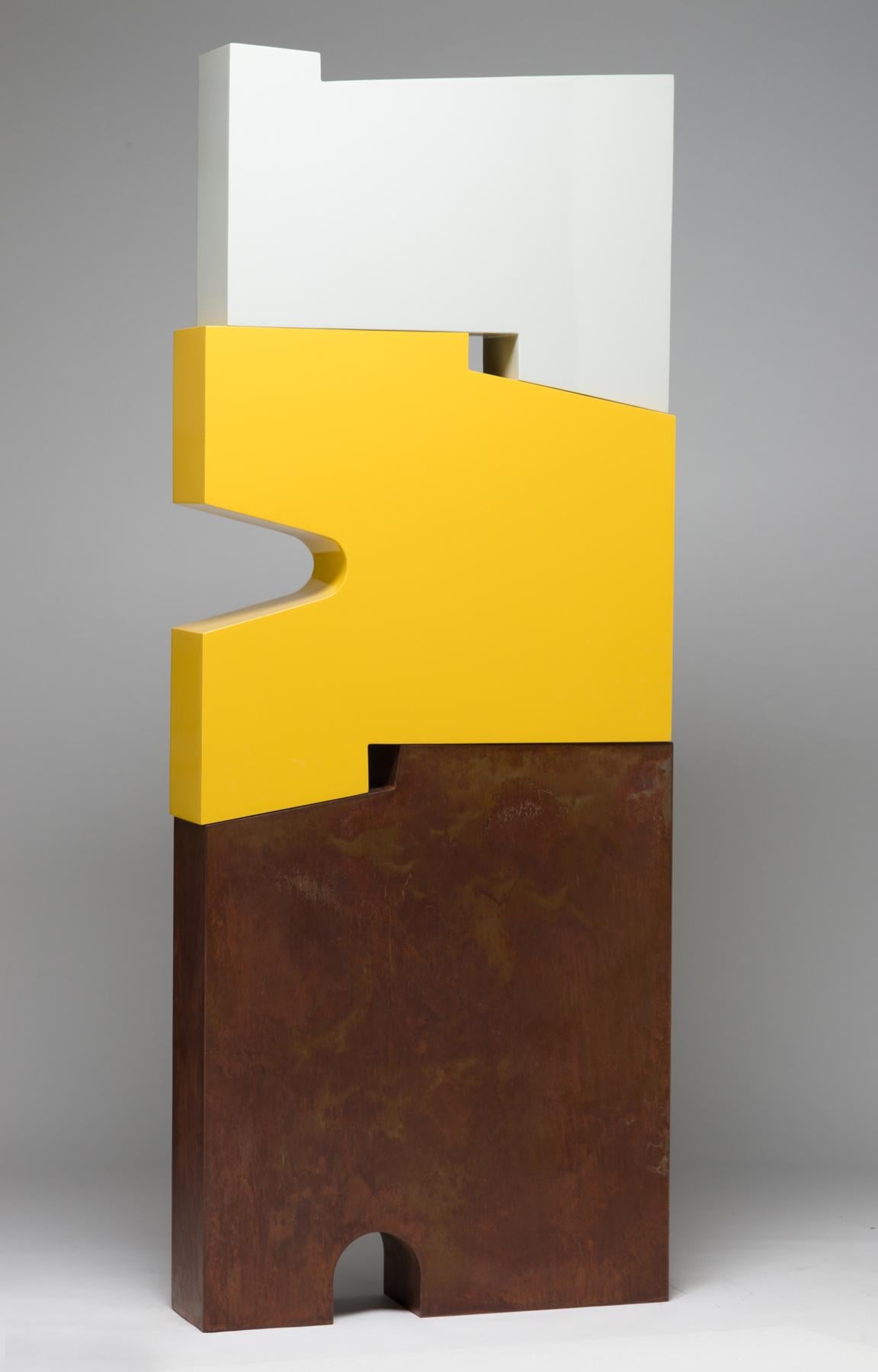 Pascal Pierme Abstract Sculpture - Tall outside sculpture, geometric abstract steel sculpture, steel yellow white