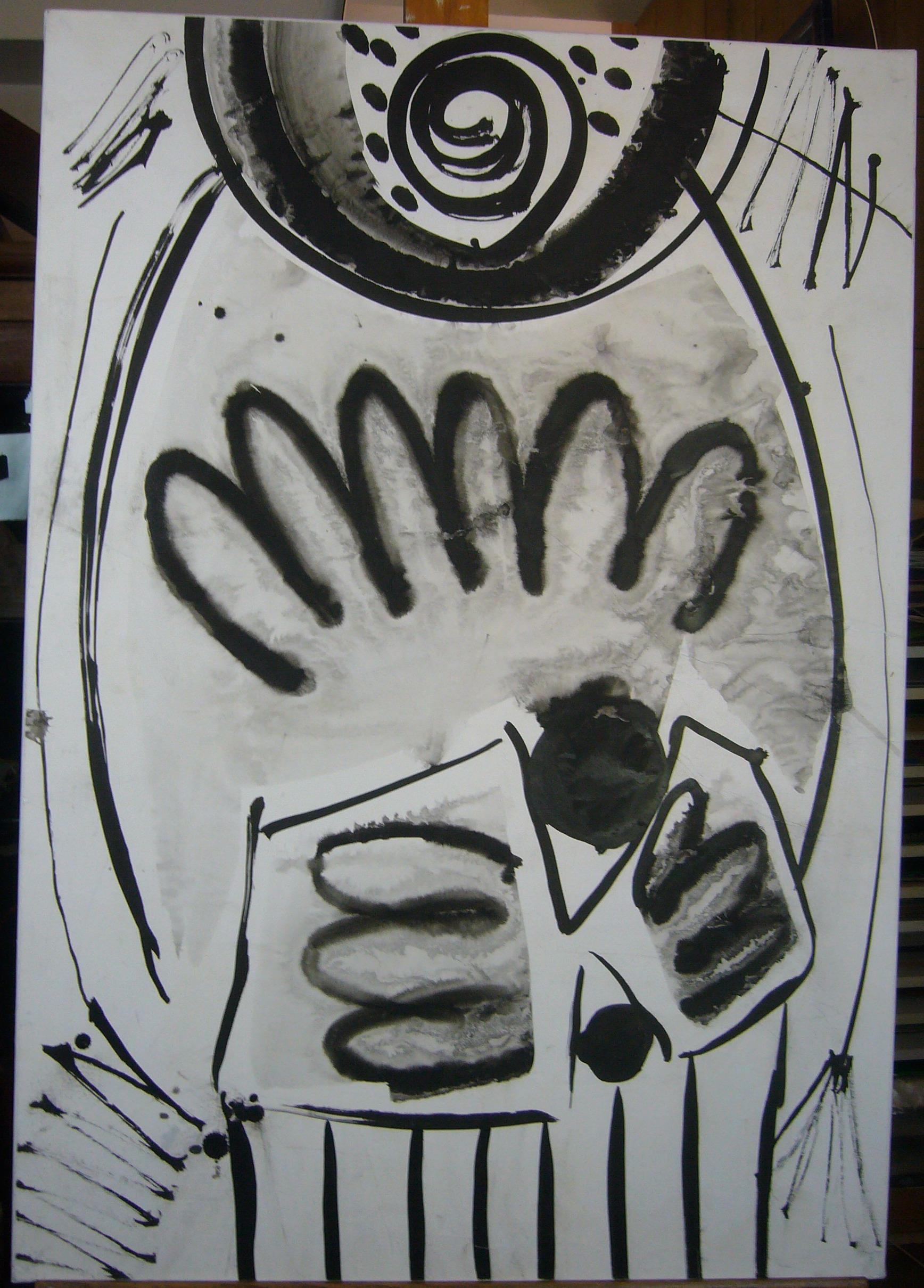 Abstraktes Schwarz-Weiß 1, Gouache auf Papier geklebt auf Leinwand, 70x100 cm.