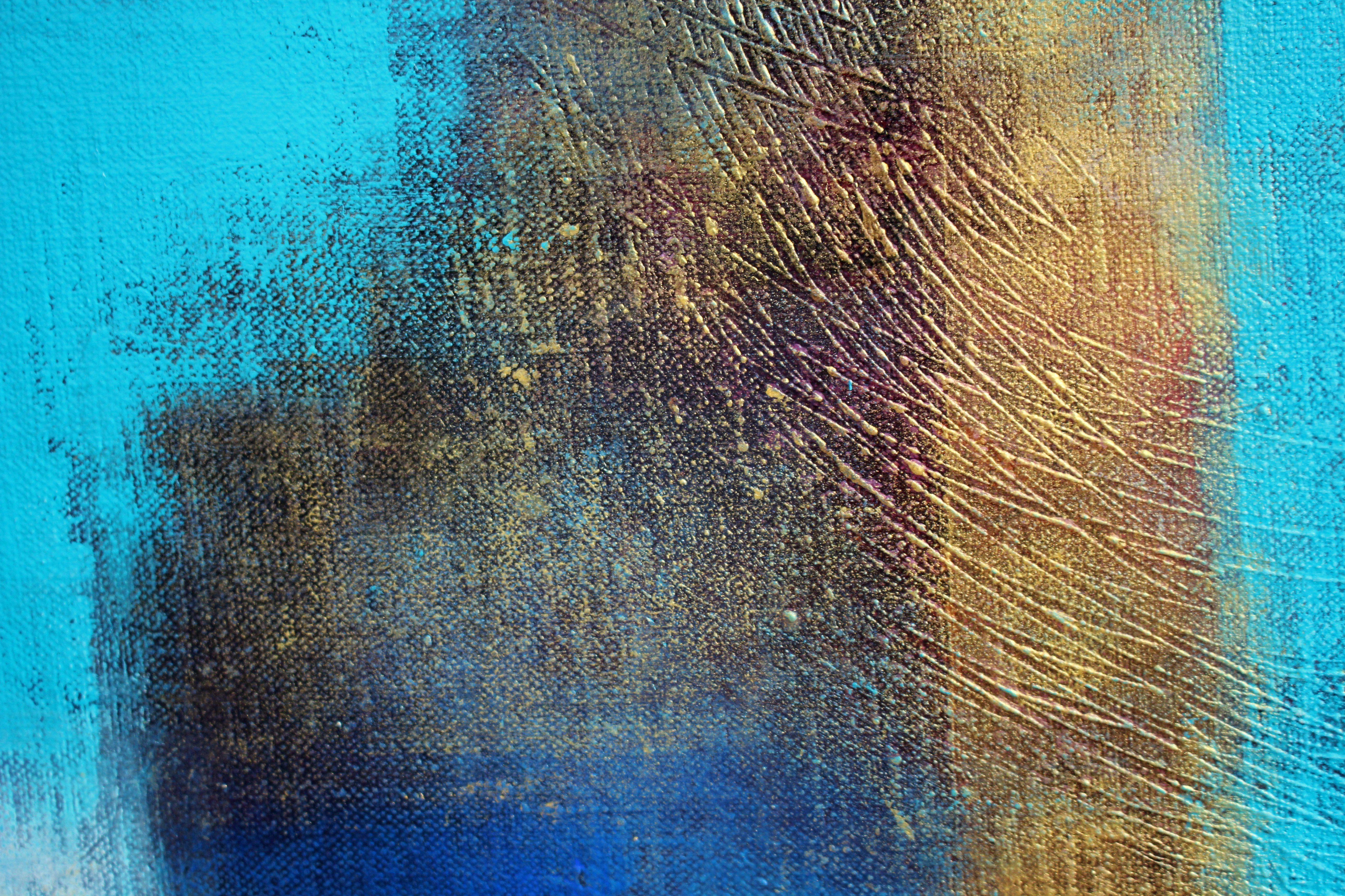 Acrylic painting made on a frame and varnished, signed and sold ready to hang. It is an abstract work painted with a brush and a spatula where vaporous effects contrast with the flamboyant colors used: blue, red, gold ... This work is unique, there