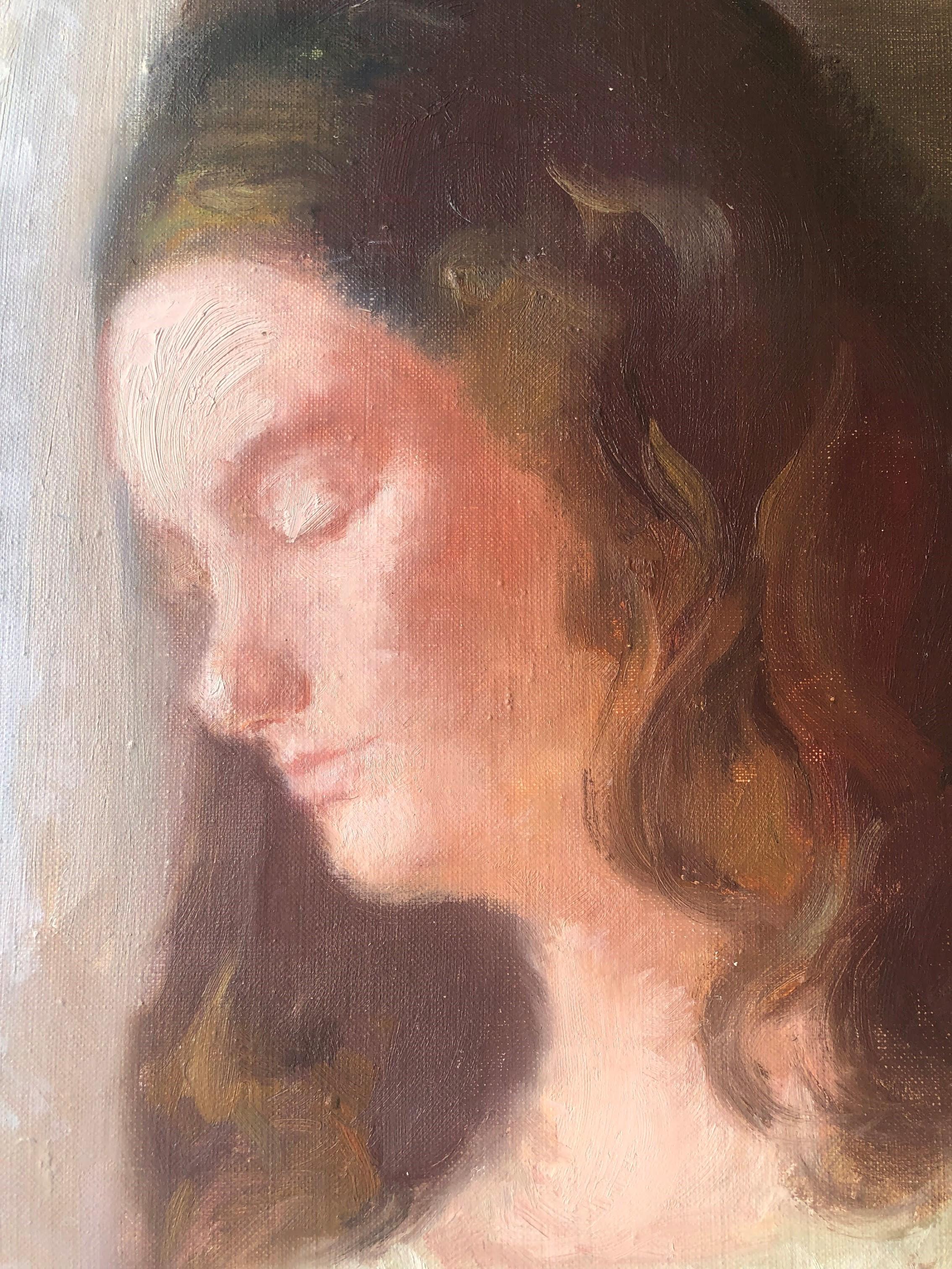 Portrait de femme mélancholia huile sur toile - Marron Portrait Painting par Pascual Bueno Ferrer