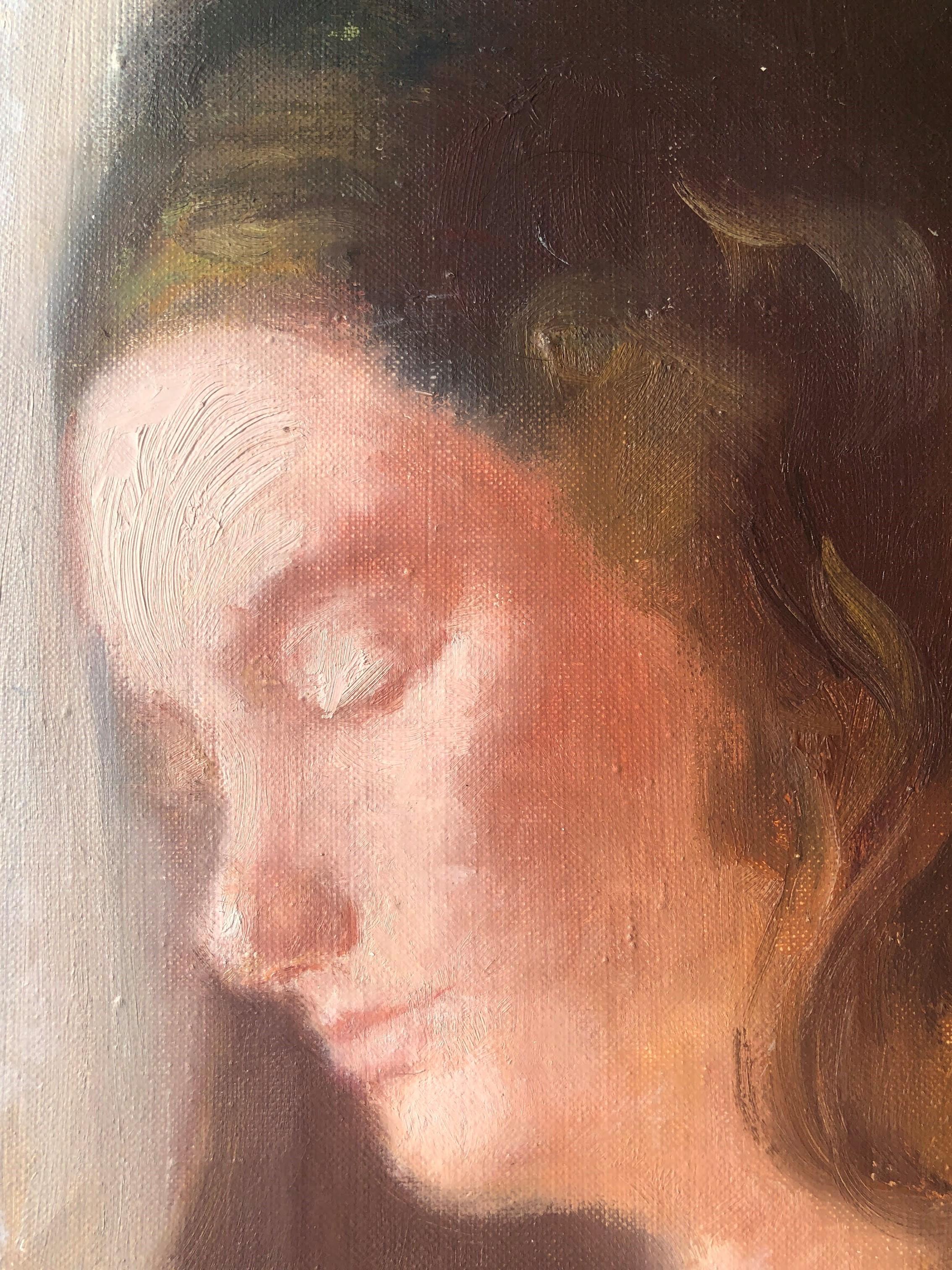 Female portrait melancholia oil on canvas painting - Brown Portrait Painting by Pascual Bueno Ferrer