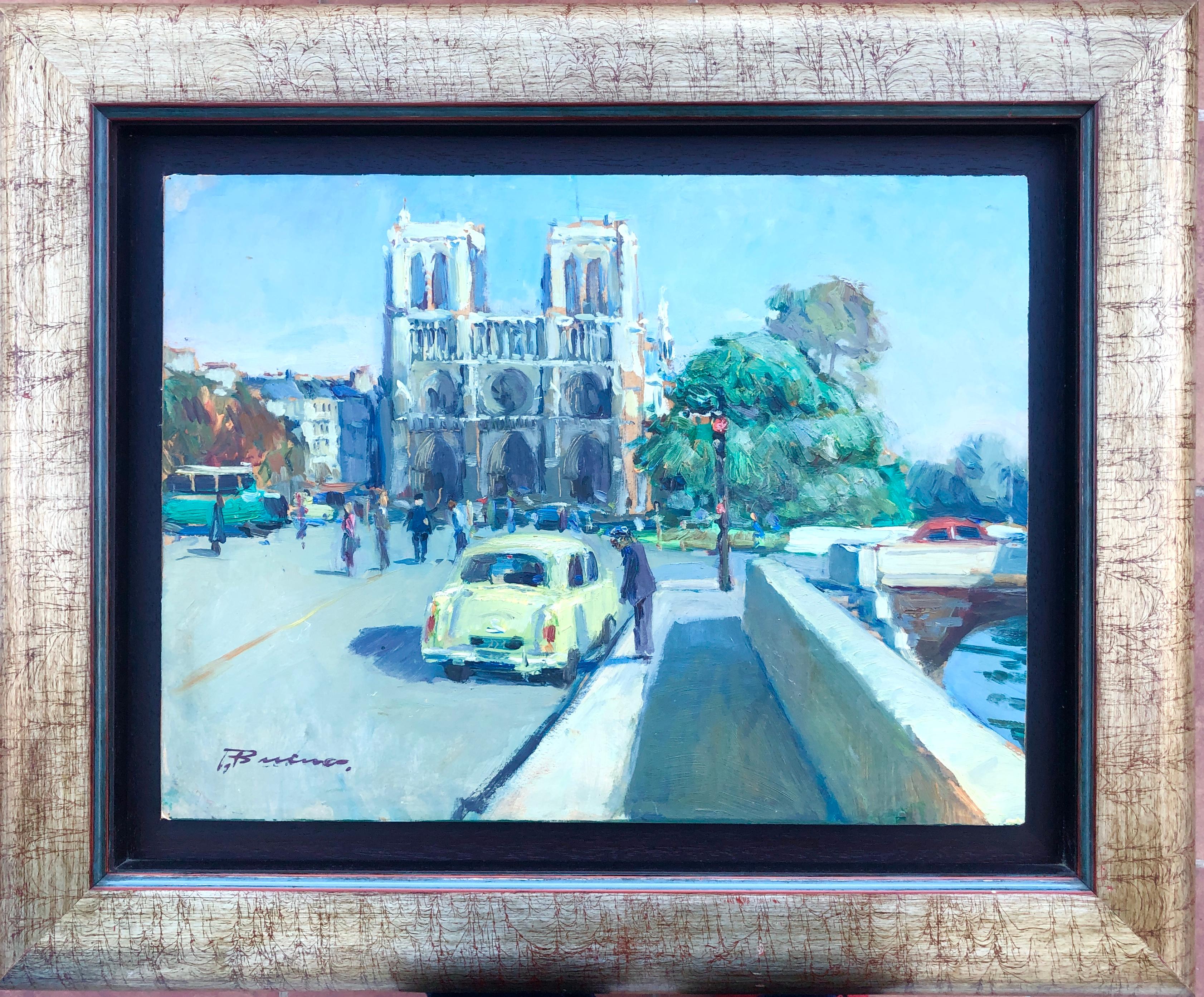 Notre-Dame París Francia óleo sobre tabla pintura paisaje urbano francés - Painting de Pascual Bueno Ferrer