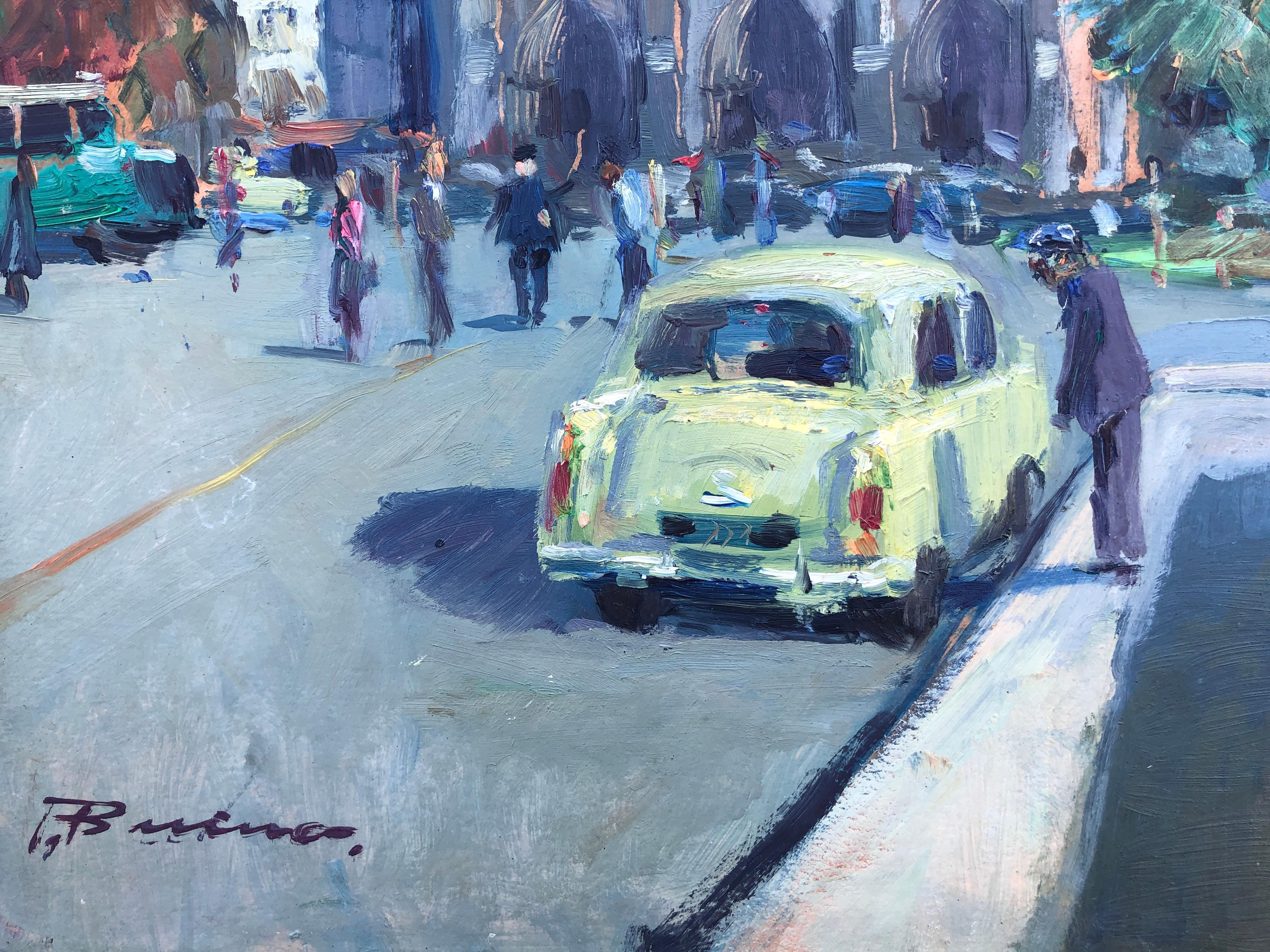 Notre-Dame París Francia óleo sobre tabla pintura paisaje urbano francés - Figurative Painting Azul de Pascual Bueno Ferrer