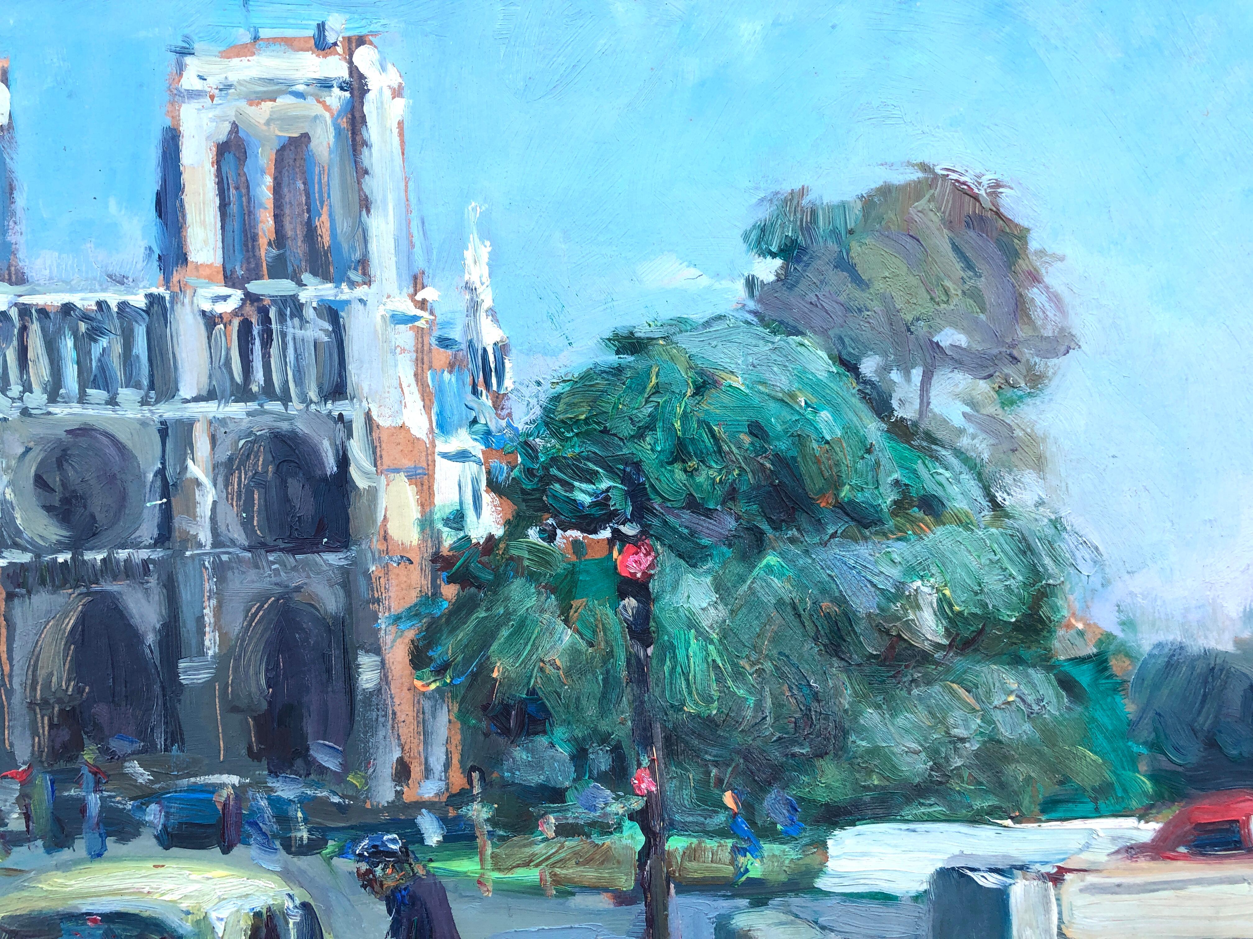 Notre-Dame París Francia óleo sobre tabla pintura paisaje urbano francés en venta 1
