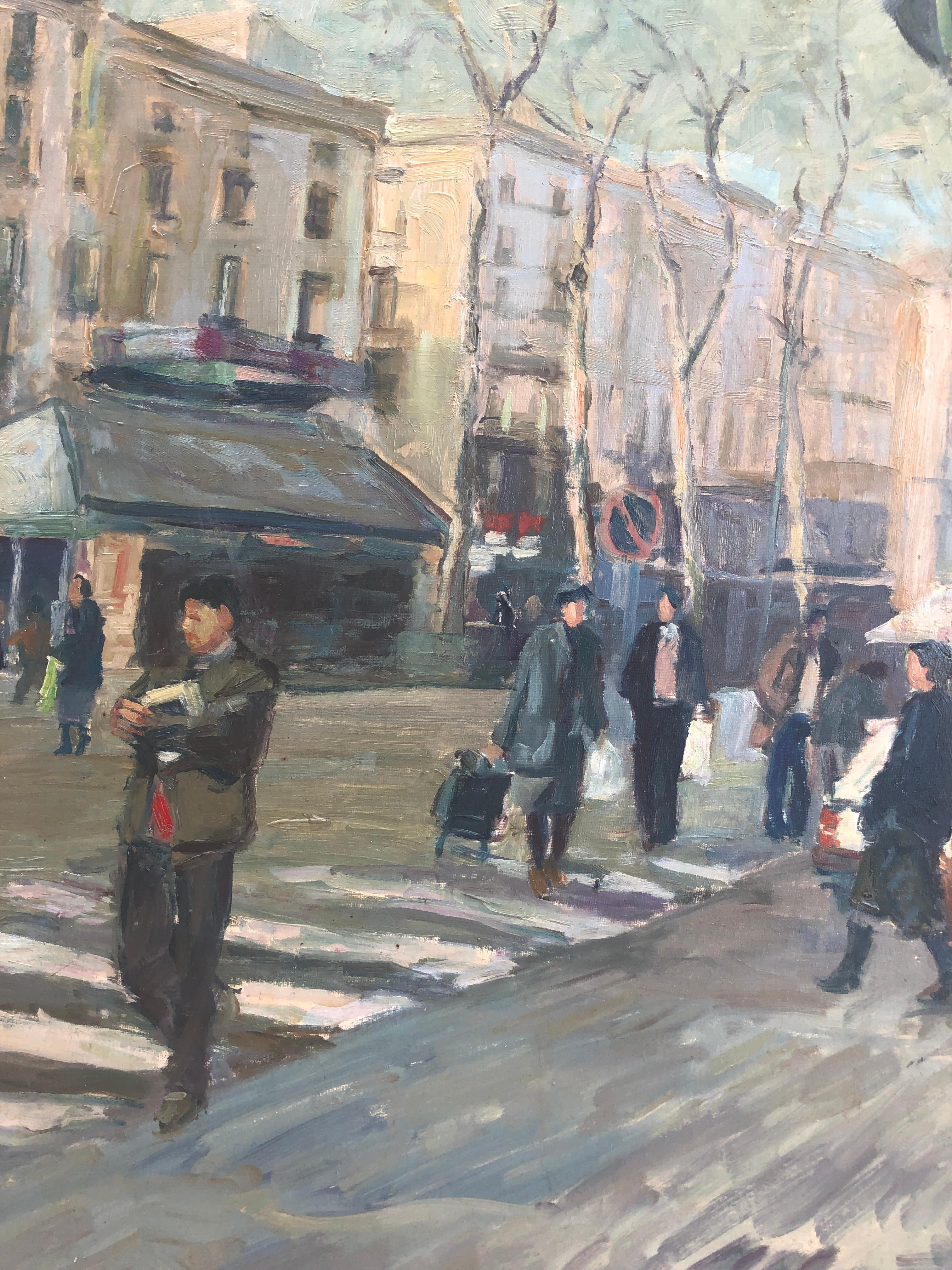 The Ramblas of Barcelona Spain oil on canvas painting urbanscape - Gray Landscape Painting by Pascual Fresquet