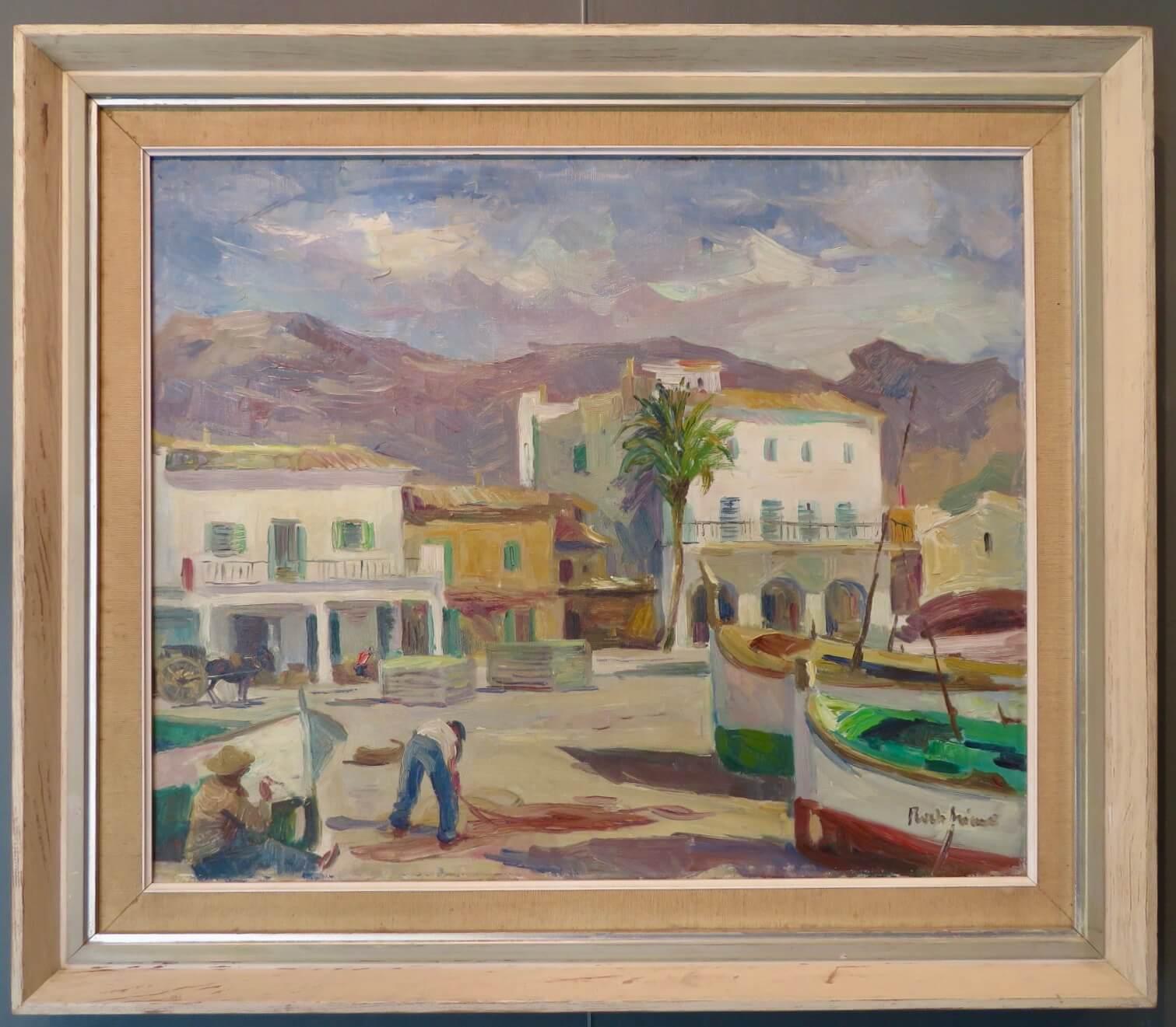 Peinture à l'huile originale espagnole du milieu du 20e siècle SCÈNE DU PORT DE PÊCHE DE MAJORQUE - Painting de Pascual Roch Minué