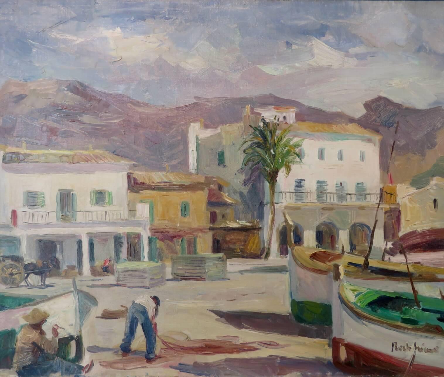 Peinture à l'huile originale espagnole du milieu du 20e siècle SCÈNE DU PORT DE PÊCHE DE MAJORQUE - Post-impressionnisme Painting par Pascual Roch Minué