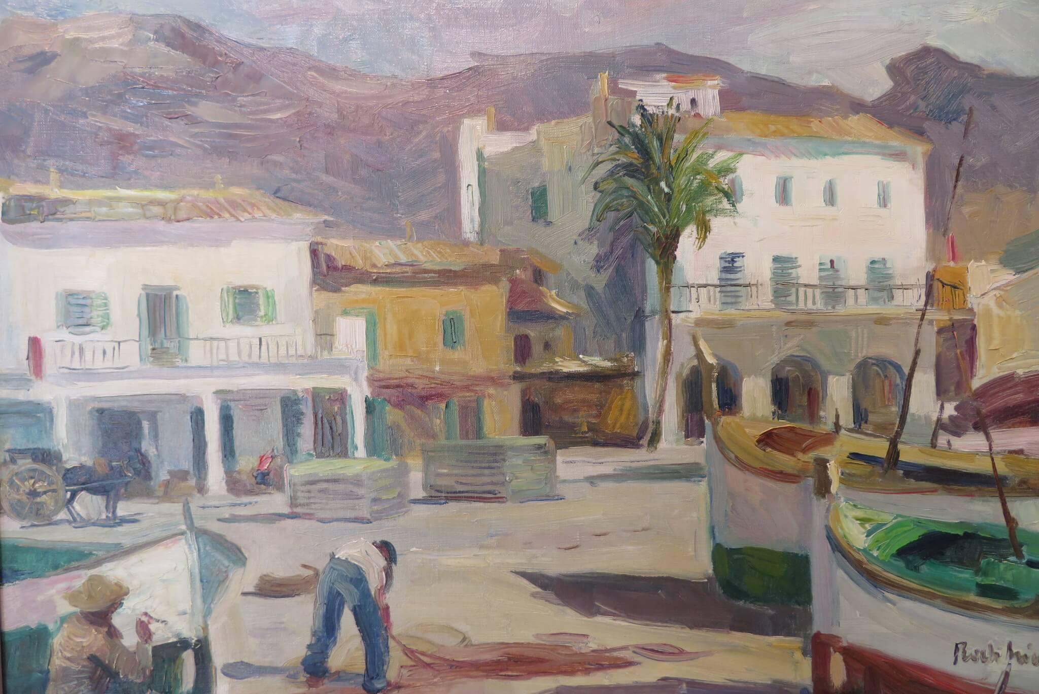 Peinture à l'huile originale espagnole du milieu du 20e siècle SCÈNE DU PORT DE PÊCHE DE MAJORQUE - Marron Landscape Painting par Pascual Roch Minué