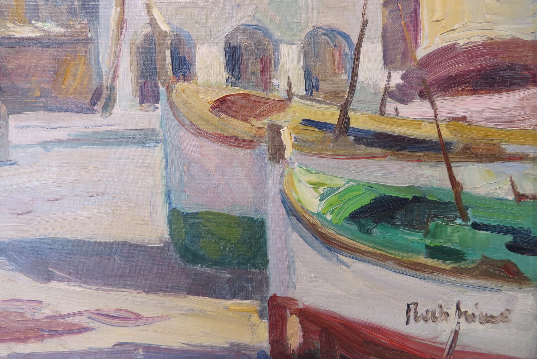 Peinture à l'huile originale espagnole du milieu du 20e siècle SCÈNE DU PORT DE PÊCHE DE MAJORQUE en vente 1