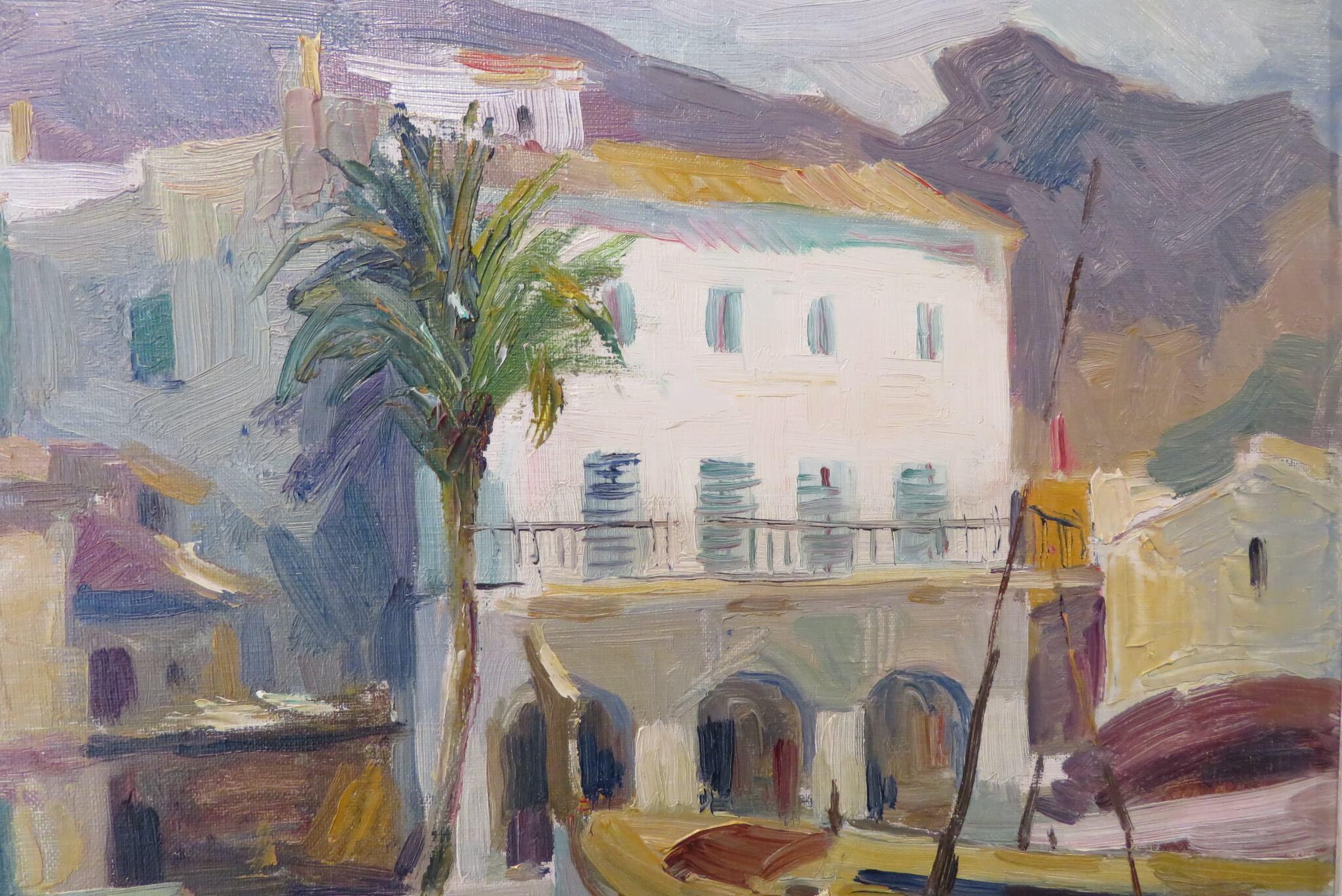 Peinture à l'huile originale espagnole du milieu du 20e siècle SCÈNE DU PORT DE PÊCHE DE MAJORQUE en vente 2