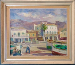 Peinture à l'huile originale espagnole du milieu du 20e siècle SCÈNE DU PORT DE PÊCHE DE MAJORQUE