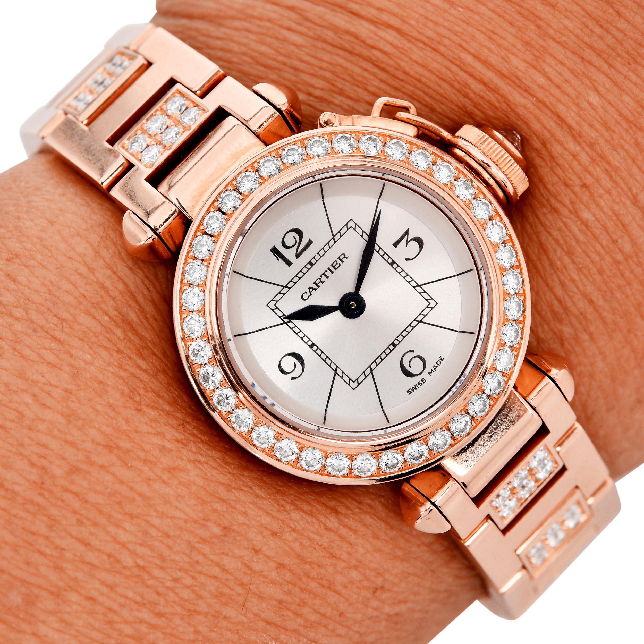 Orologio da donna Pasha De Cartier con lunetta e bracciale di diamanti in oro rosa 18 carati In condizioni ottime in vendita a Miami, FL