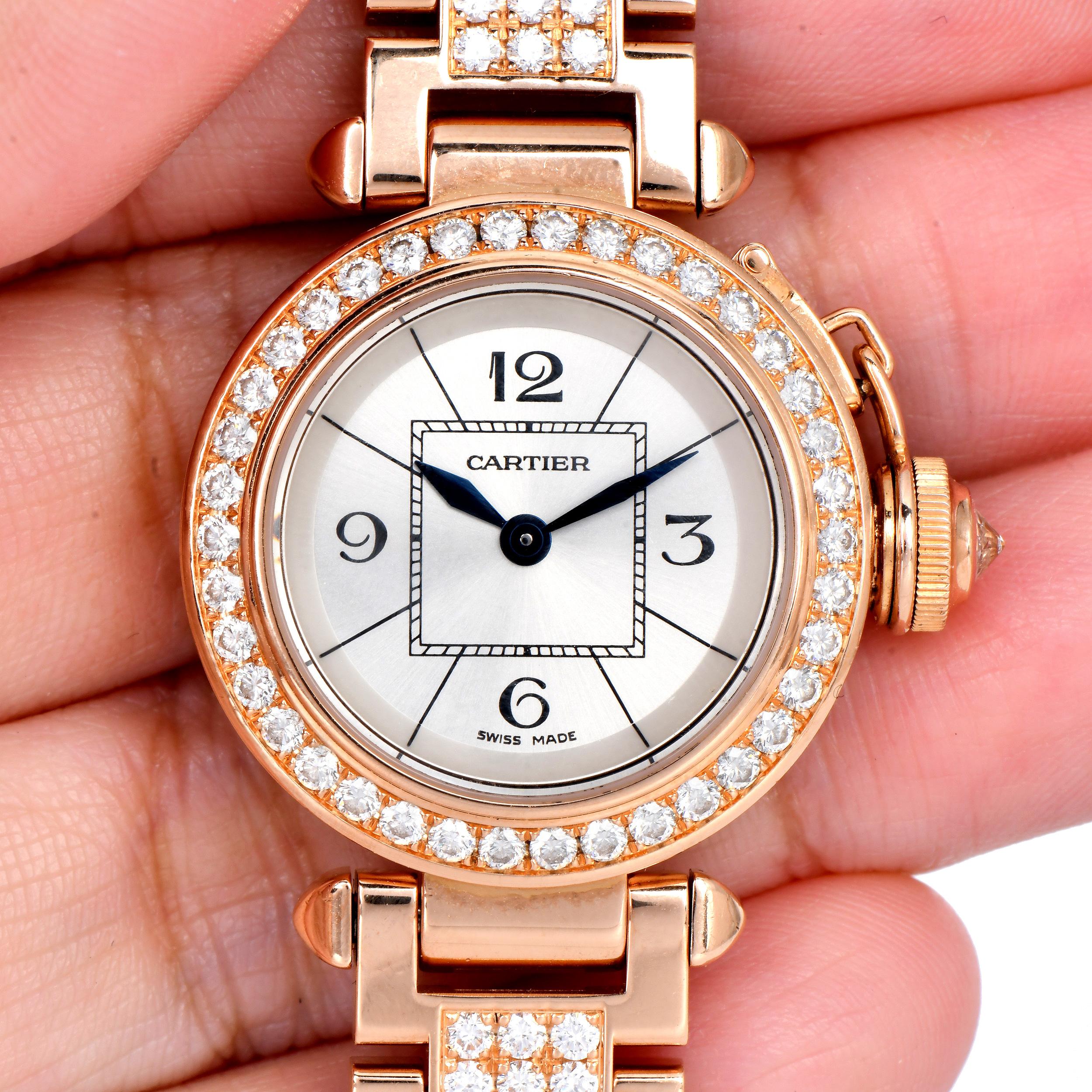Donna Orologio da donna Pasha De Cartier con lunetta e bracciale di diamanti in oro rosa 18 carati in vendita