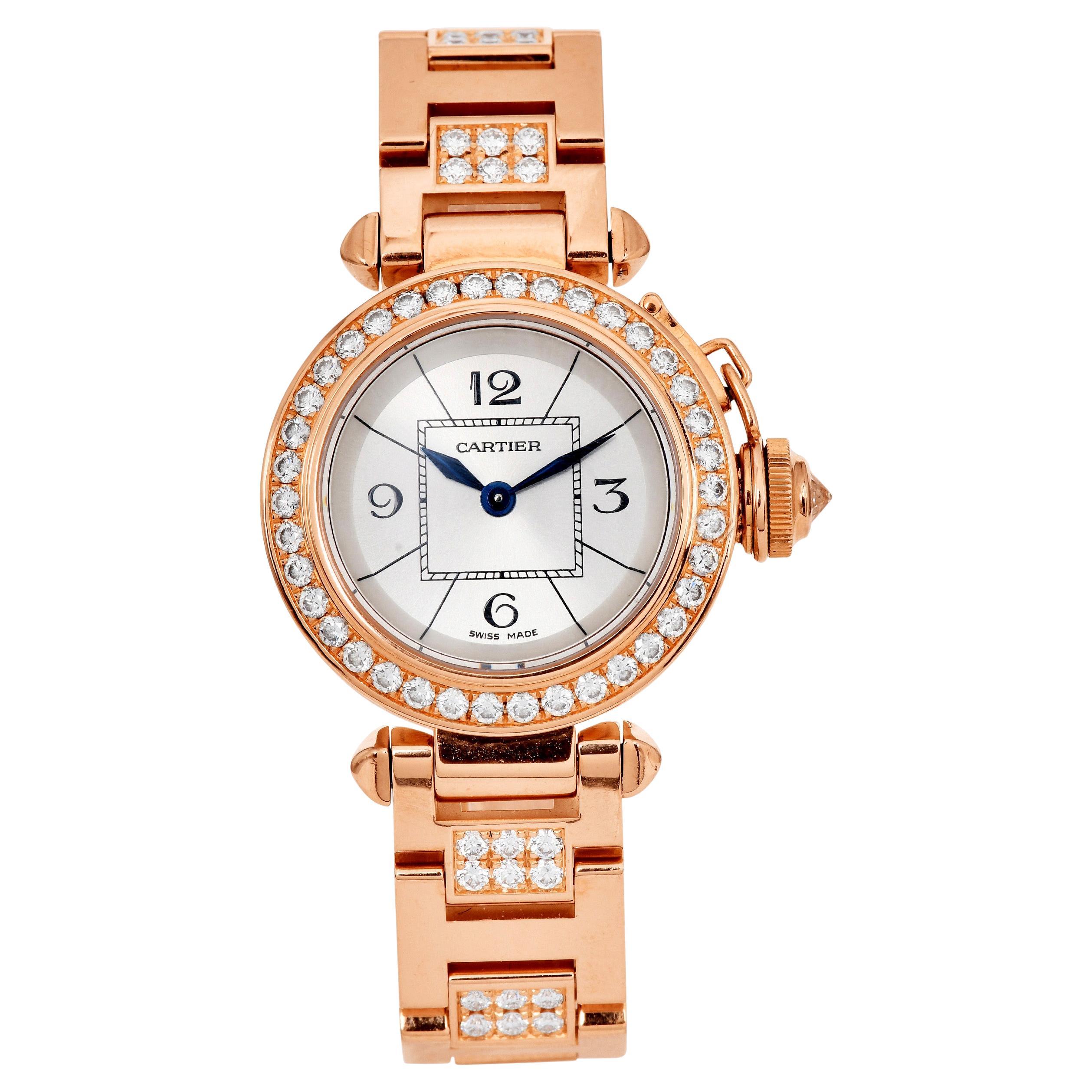 Orologio da donna Pasha De Cartier con lunetta e bracciale di diamanti in oro rosa 18 carati in vendita