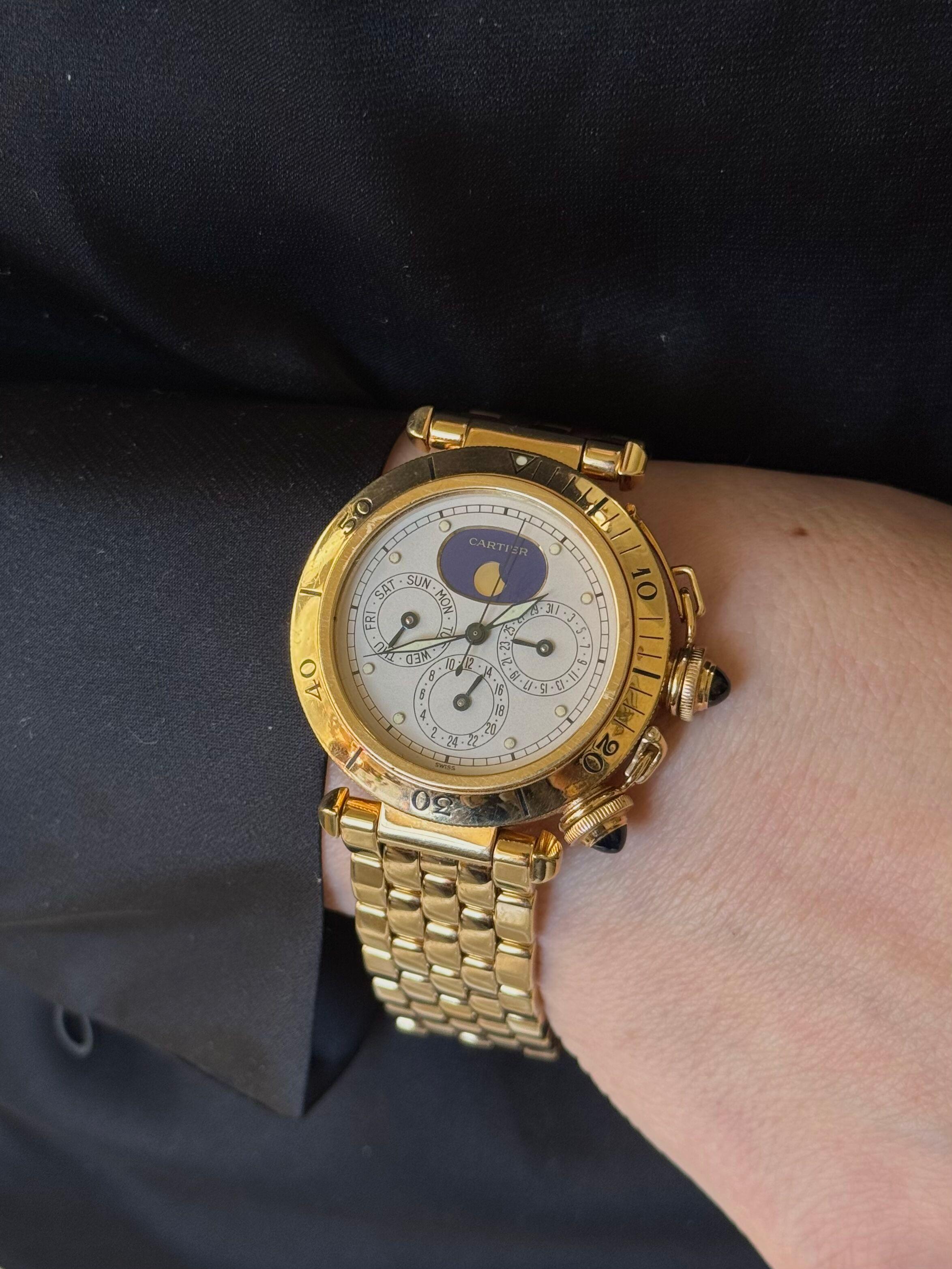 Women's or Men's Pasha de Cartier Yellow Gold Moonphase Calendar Chronograph Watch, 1986 For Sale