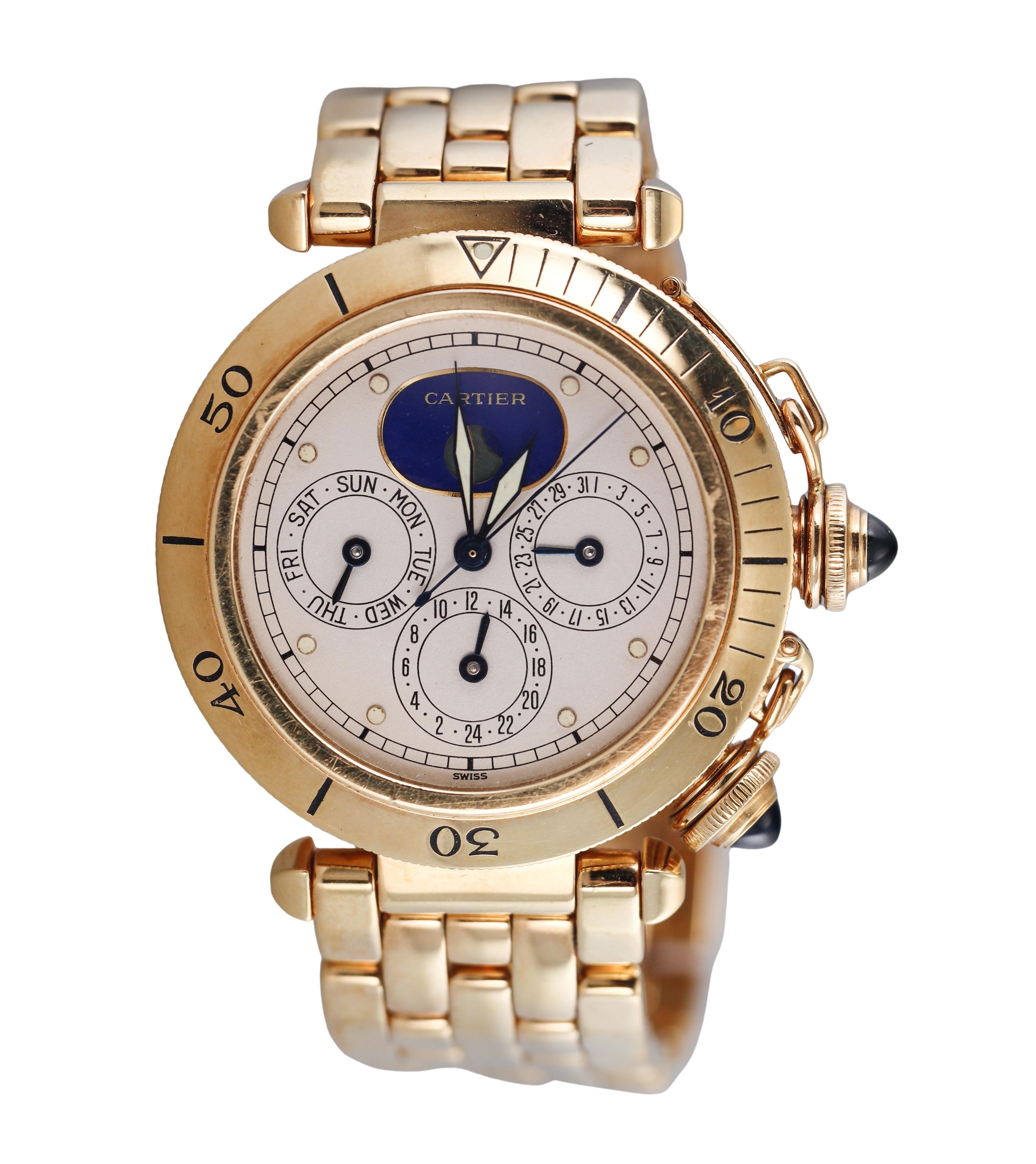 Pasha de Cartier Yellow Gold Moonphase Calendar Chronograph Watch, 1986 For Sale 1