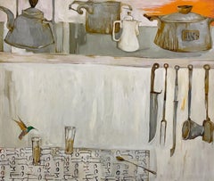 Coffee milk, Dawn in Delhi - Grey painting with kitchen scene and hummingbird