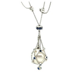 Paspaley 18ct White Gold South Sea Pearl & Sapphire Lavalier Pendant 13.62g