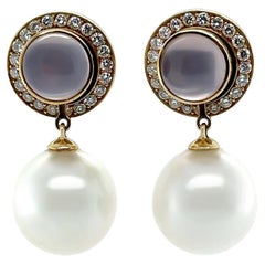 Paspaley 18ct Yellow Gold Muse Pearl, Rose Quartz & Diamond Earrings 0.64ct 15g