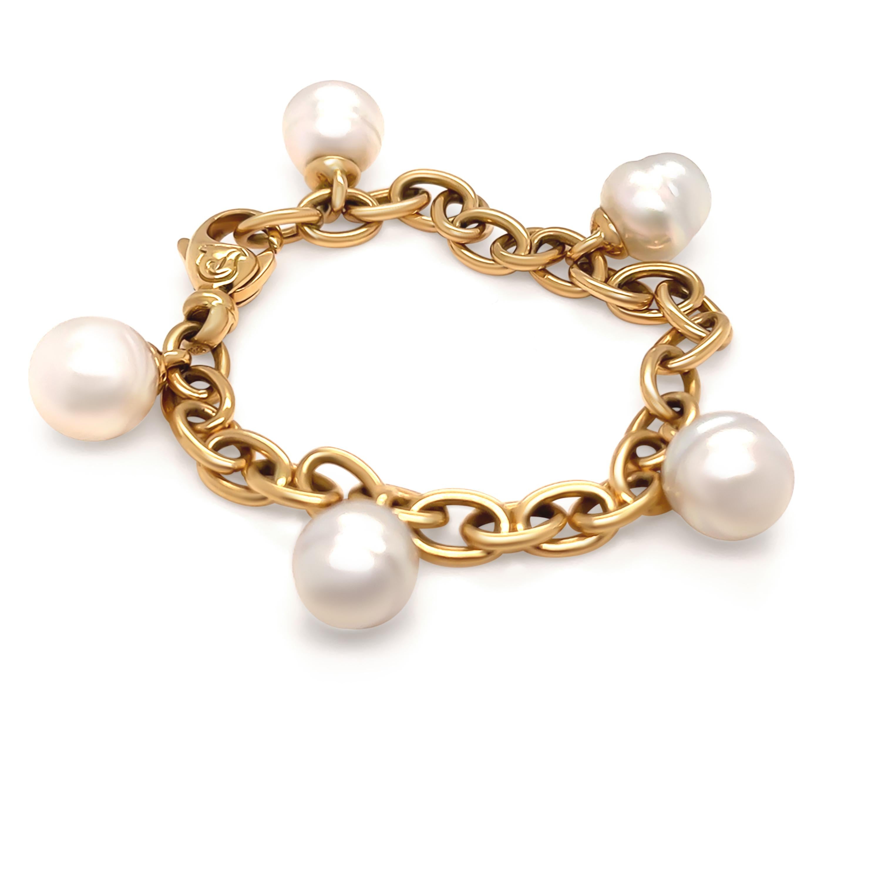 Round Cut Paspaley 18ct Yellow Gold White South Sea Pearl Bracelet 37.5g