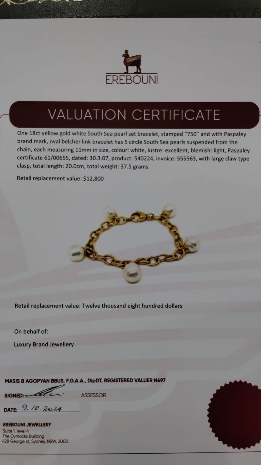 Paspaley 18ct Yellow Gold White South Sea Pearl Bracelet 37.5g 4