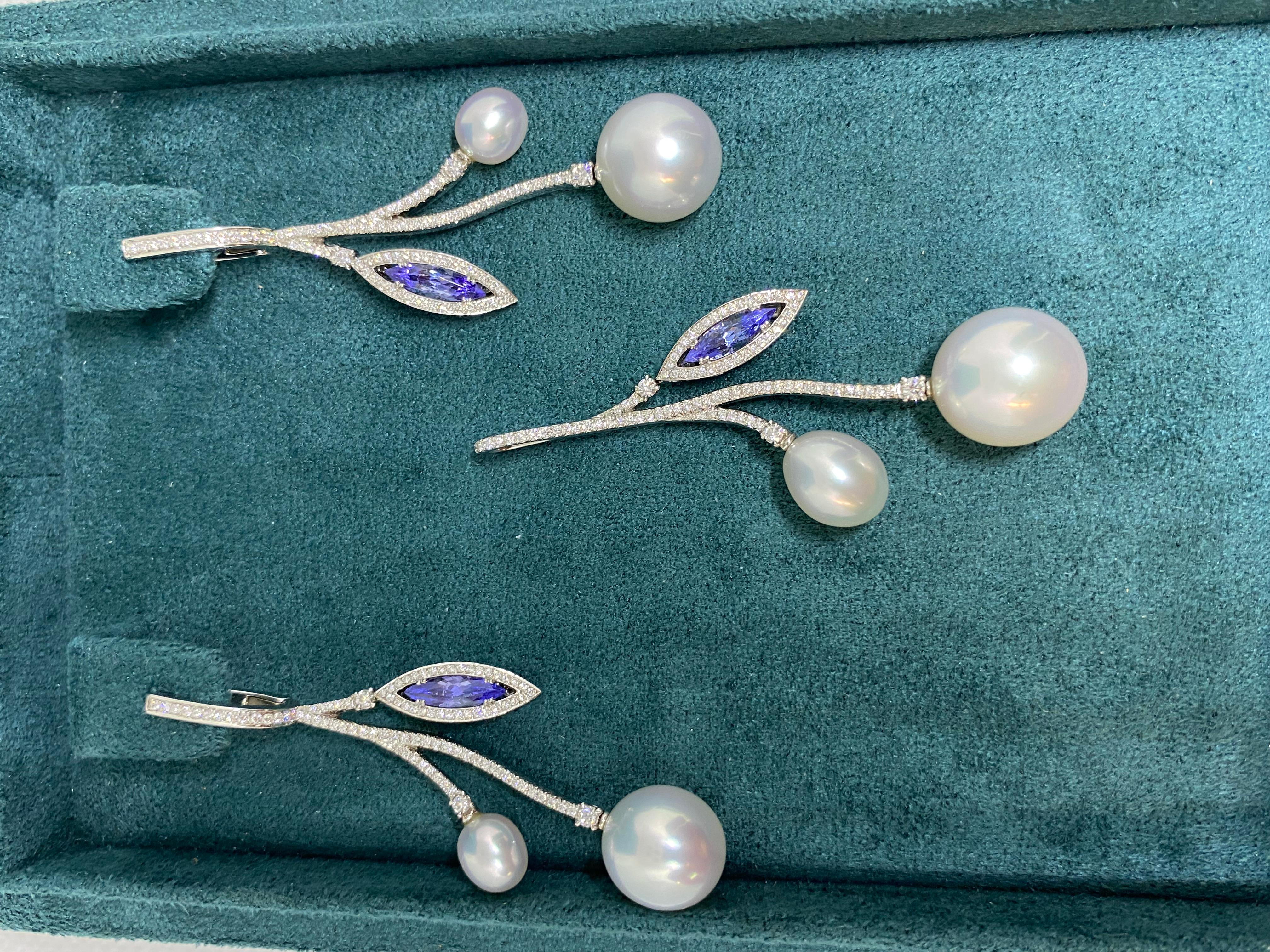 Paspaley Earrings and Pendant Set with South Sea Pearls, Tanzanites, Diamonds For Sale 5