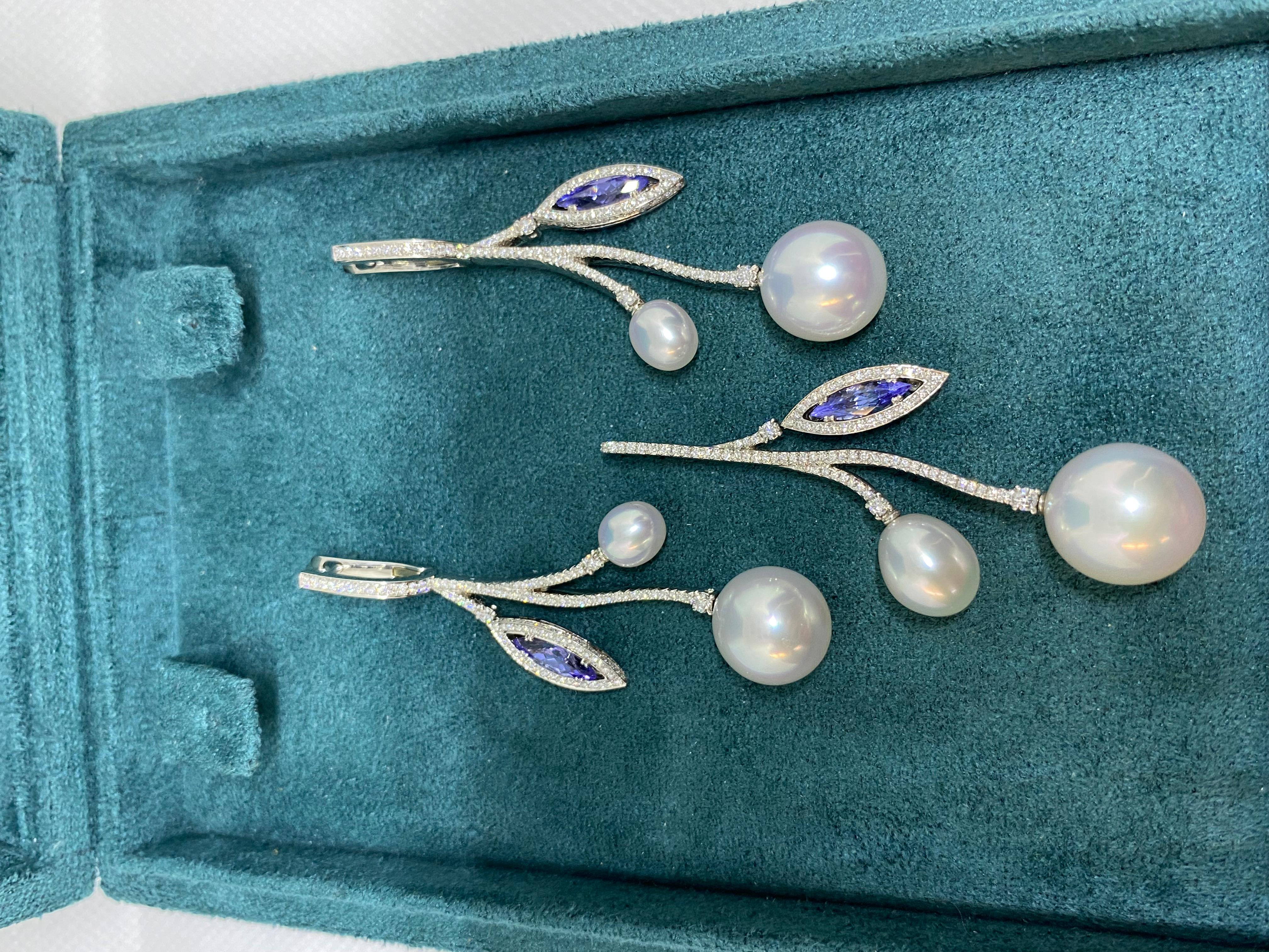 Marquise Cut Paspaley Earrings and Pendant Set with South Sea Pearls, Tanzanites, Diamonds For Sale