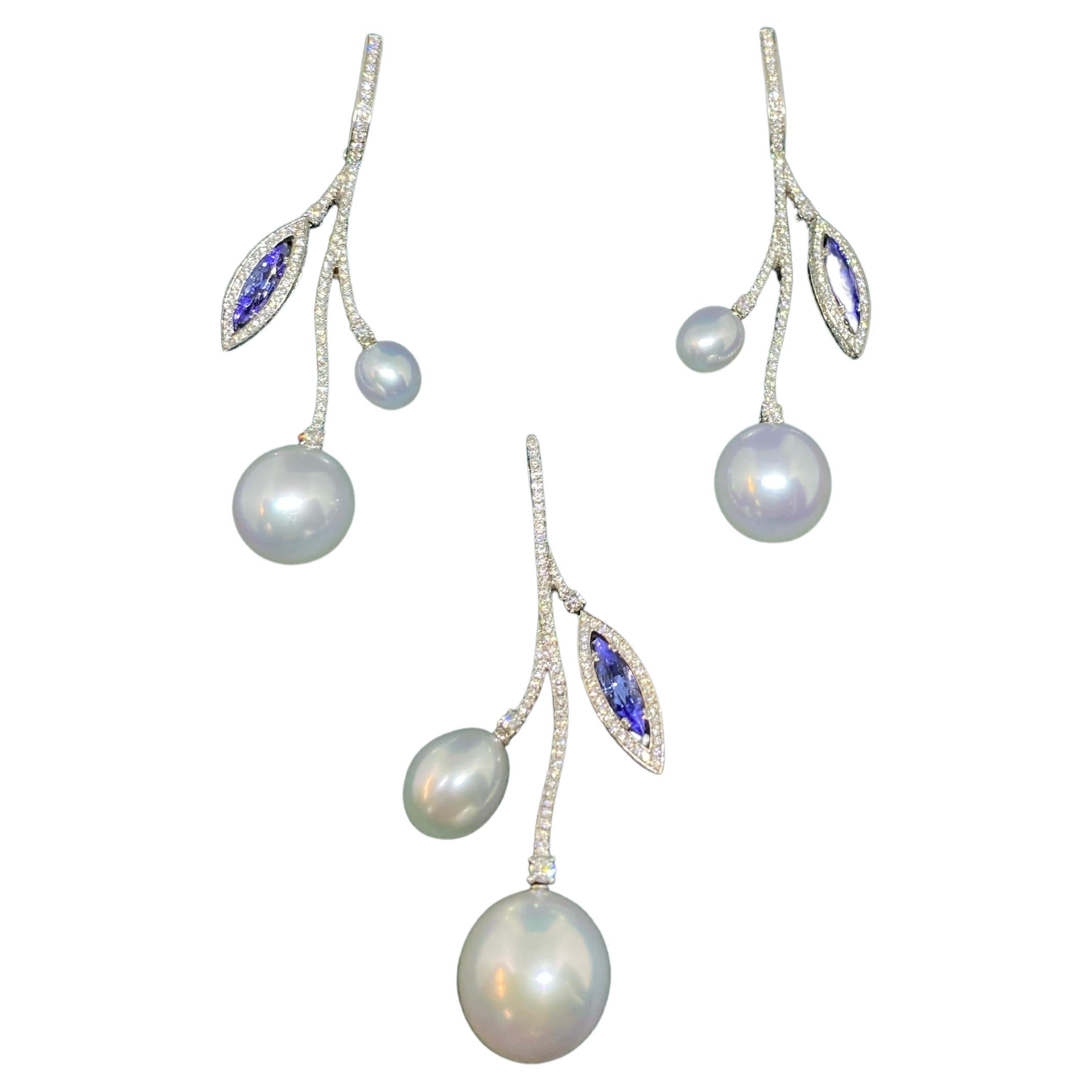 Paspaley Earrings and Pendant Set with South Sea Pearls, Tanzanites, Diamonds For Sale