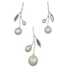 Paspaley Earrings and Pendant Set with South Sea Pearls, Tanzanites, Diamonds