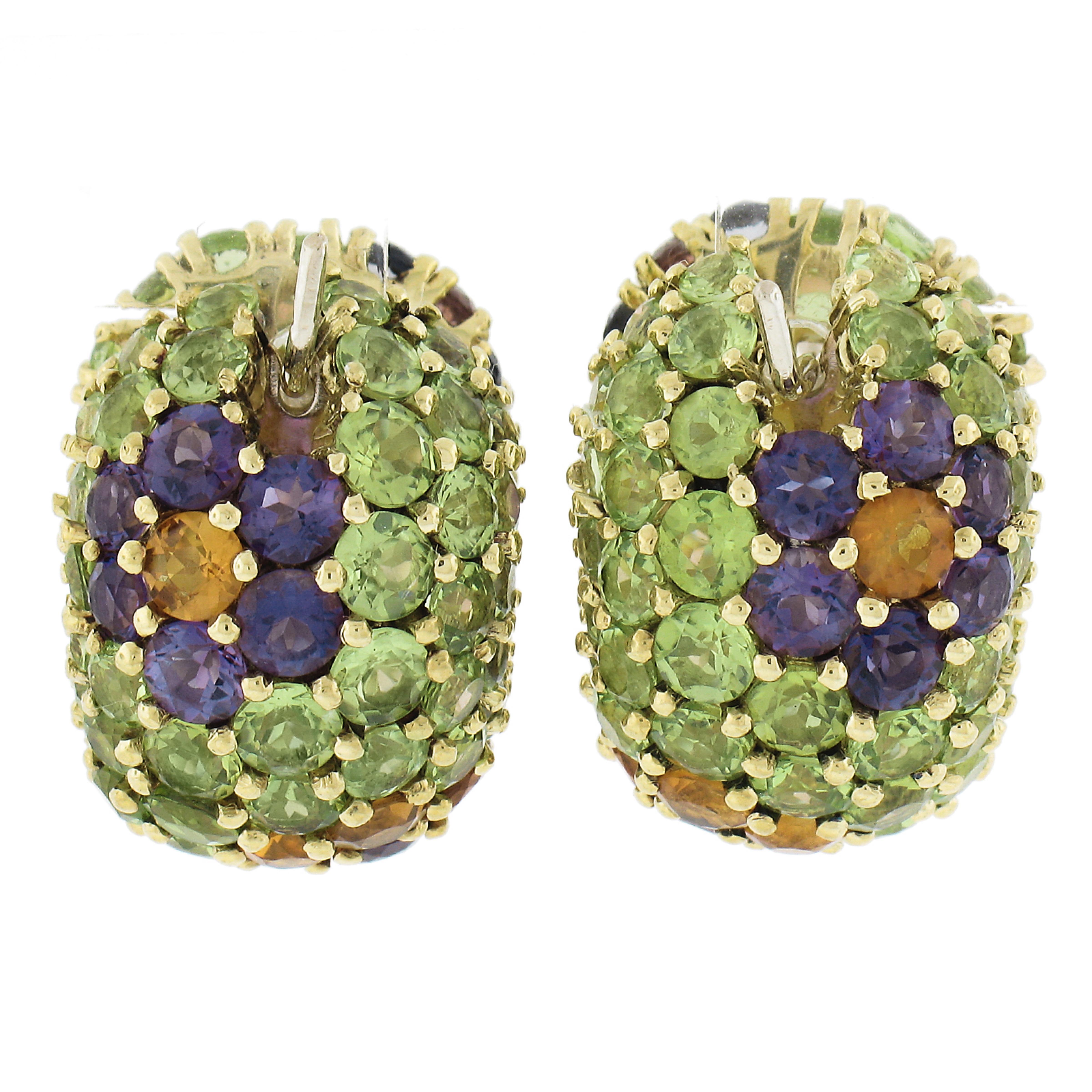 Round Cut Pasqual Bruni 18k Yellow Gold Multi Colorful Gemstones Floral Bombe Hoop Earring