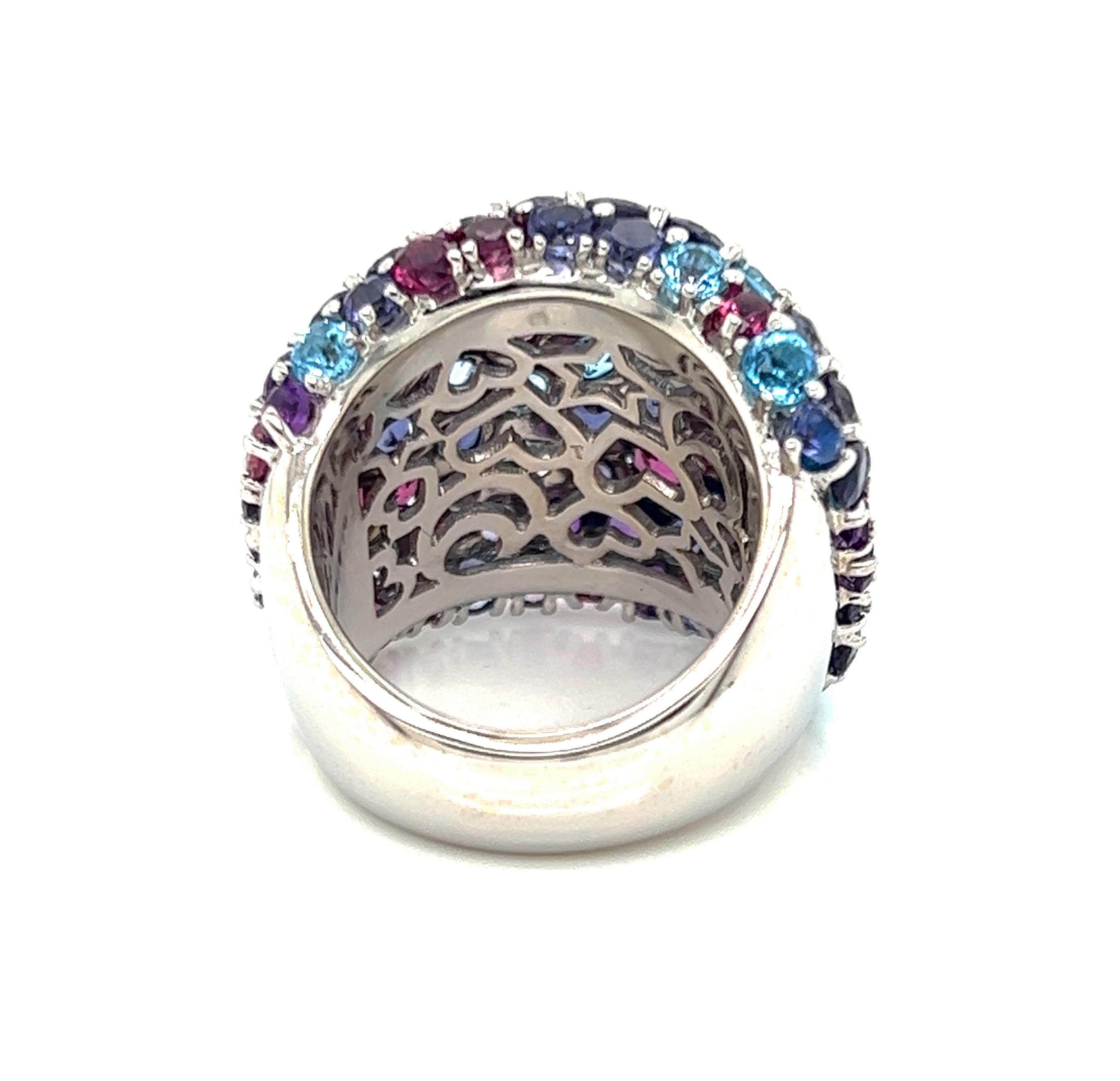 Pasquale Bruni 12.33ct Multicolor Gems 18k White Gold Large Dome Floral Ring For Sale 1