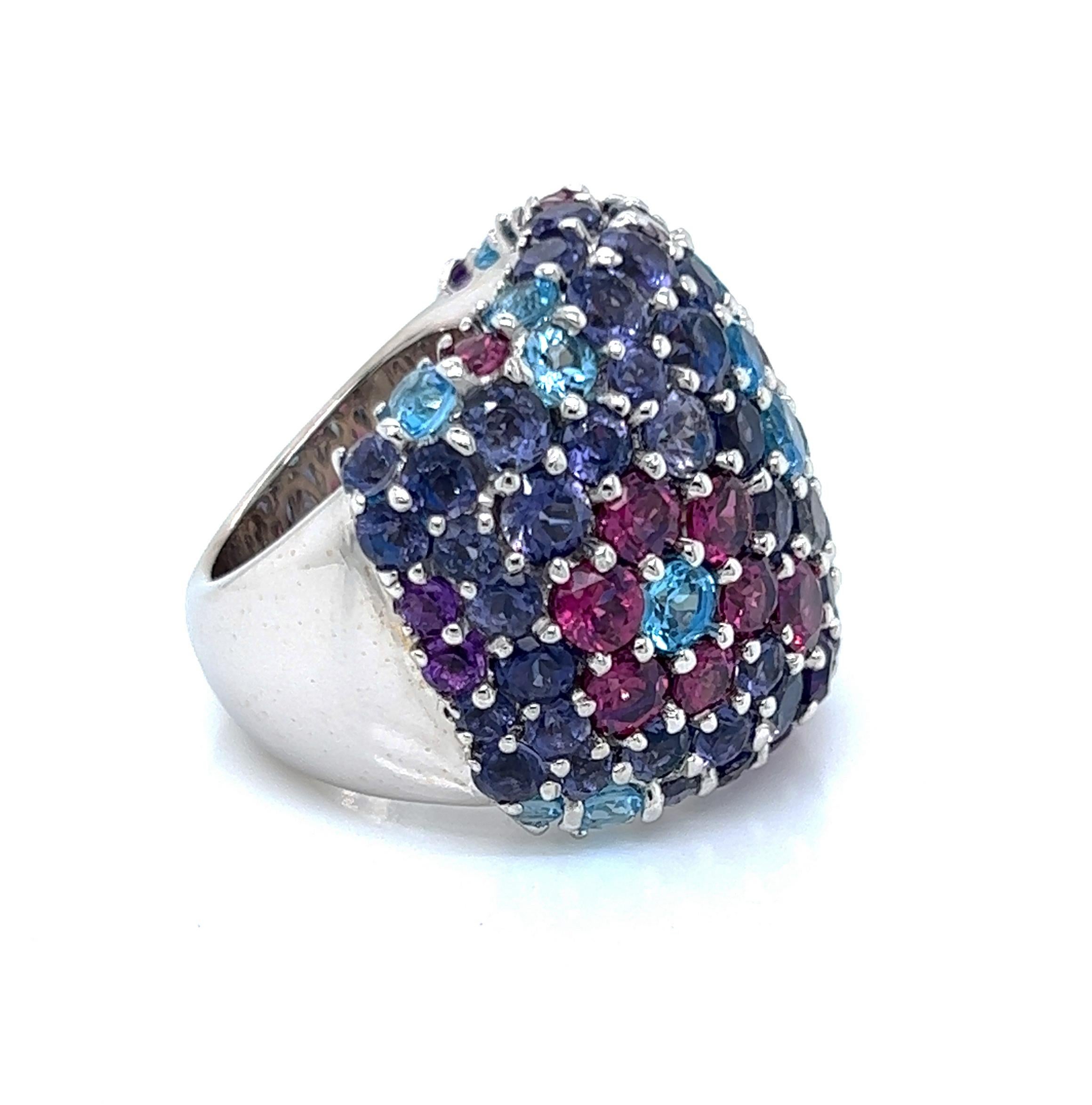 Pasquale Bruni 12.33ct Multicolor Gems 18k White Gold Large Dome Floral Ring In Excellent Condition For Sale In Boca Raton, FL