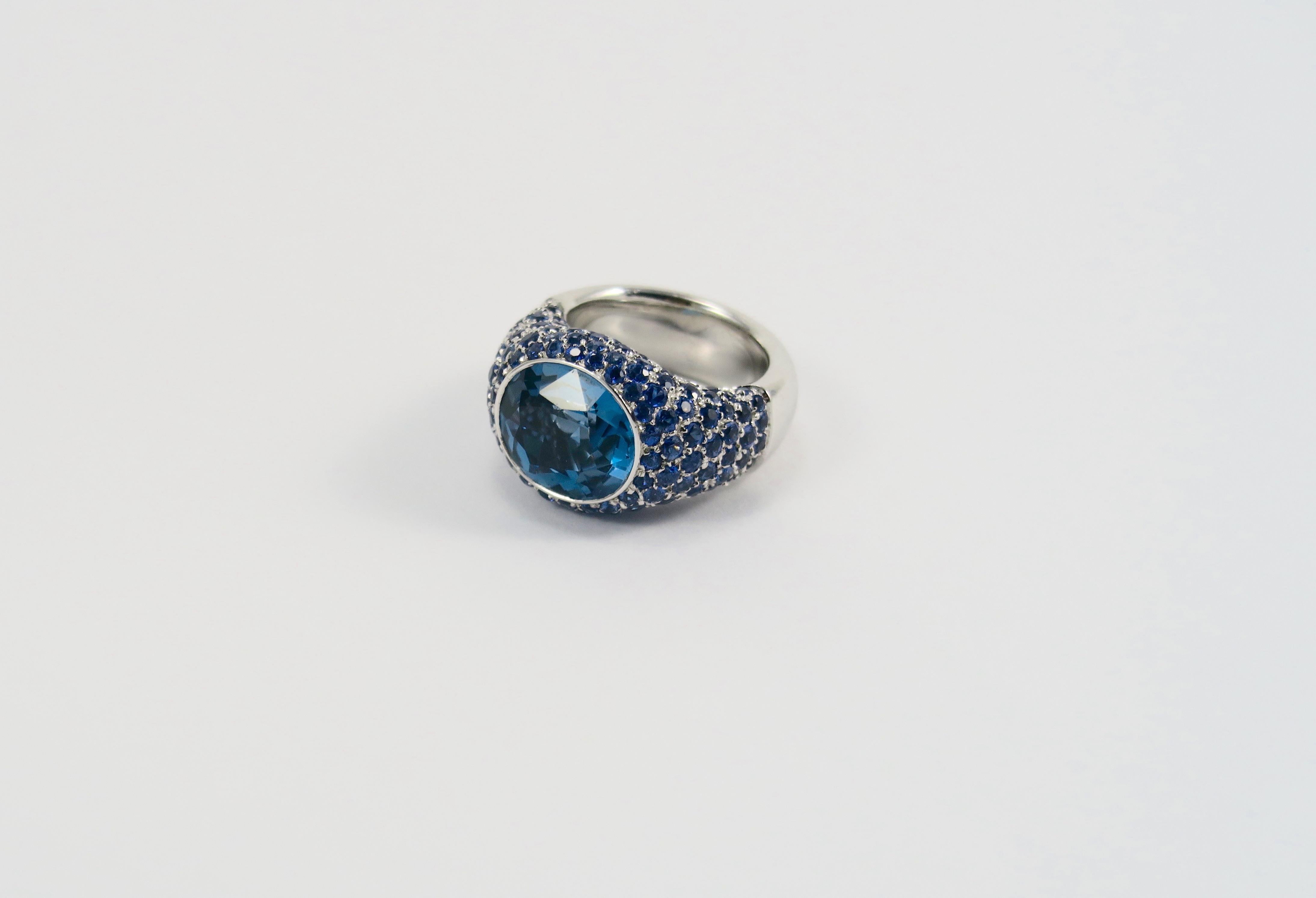 An elegant combination of blue topaz and blue sapphire in 18K white gold to give you a truly unique and stylish ring for any occasion. Extreme attention to the detail in the crafting process and high quality of the materials used make Pasquale