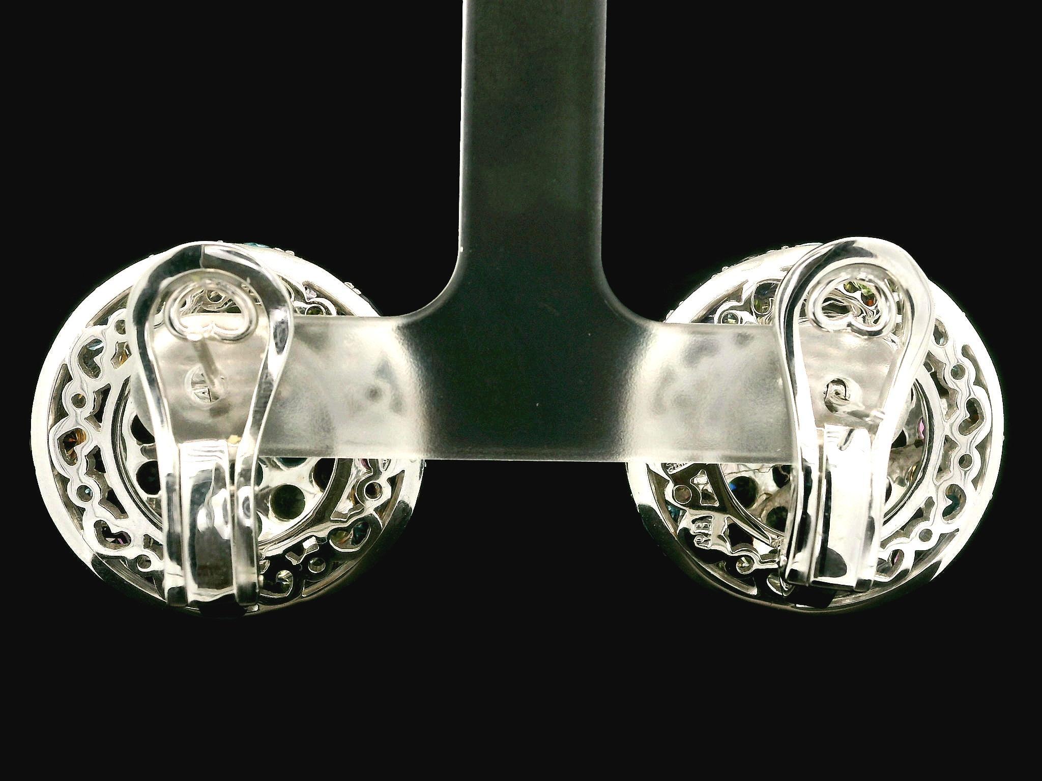 --Stone(s):--
Numerous Natural Genuine Gemstones - Round Brilliant Cut - Pave Set - Colorful Multi Colors - Floral Pattern

Material: Solid 18K White Gold
Weight: 23 Grams
Backing: Clip On w/ Swivel Posts w/ Omega Closures (pierced ears are NOT