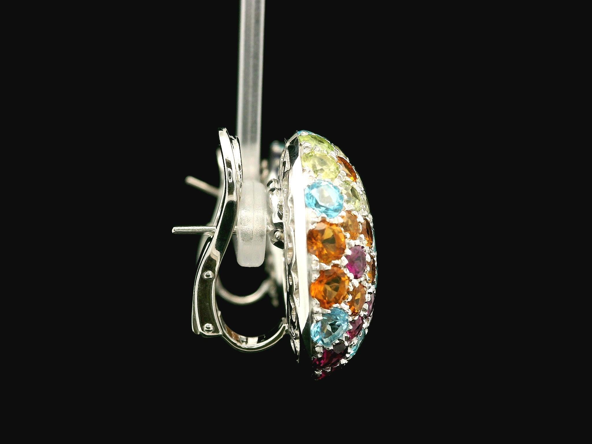 Pasquale Bruni 18k Gold Multicolor Gemstones Floral Large Round Omega Earrings In Excellent Condition For Sale In Montclair, NJ