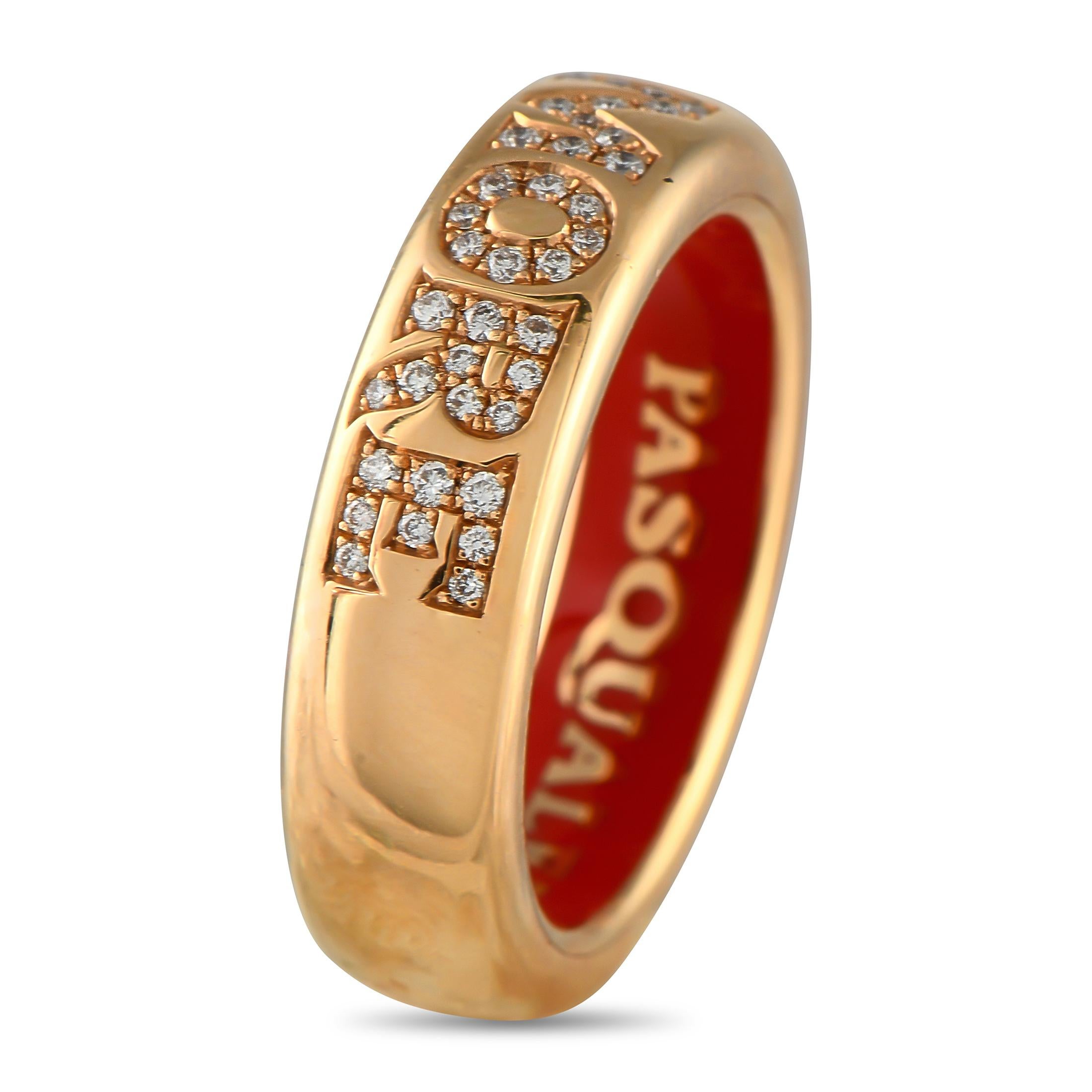 Artfully express your love with this radiant Pasquale Bruni ring. The sleek, sophisticated 18K Rose Gold band ring makes a statement thanks to the word Amore in bold lettering. Inset Diamonds with a total weight of 0.18 carats add even more elegance