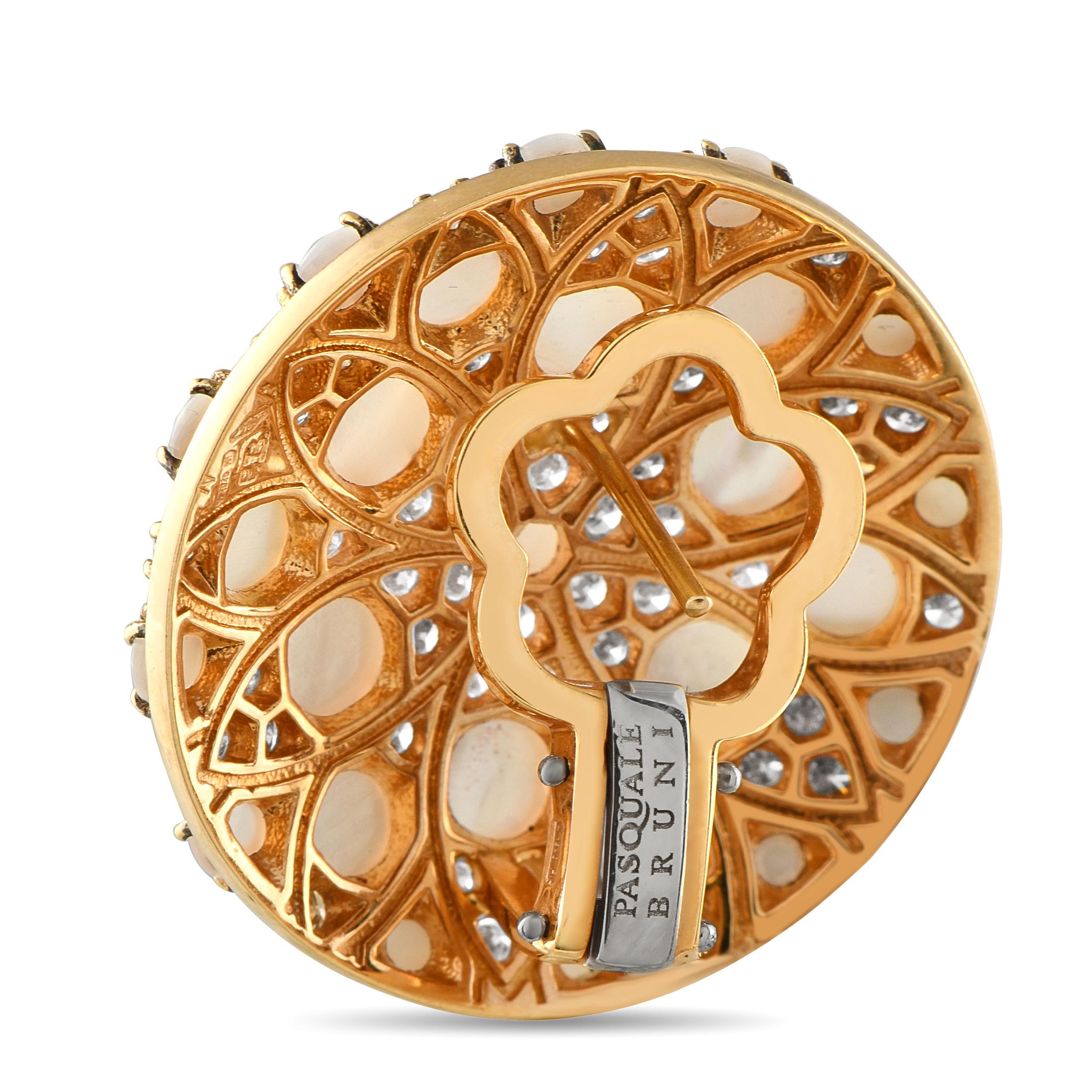 These Pasquale Bruni earrings positively radiate light. Inset Diamonds with a total weight of 1.85 carats are perfectly paired with luminous Mother of Pearl gemstones. Each one features a circular 18K Rose Gold setting and measures 1.15 round.This