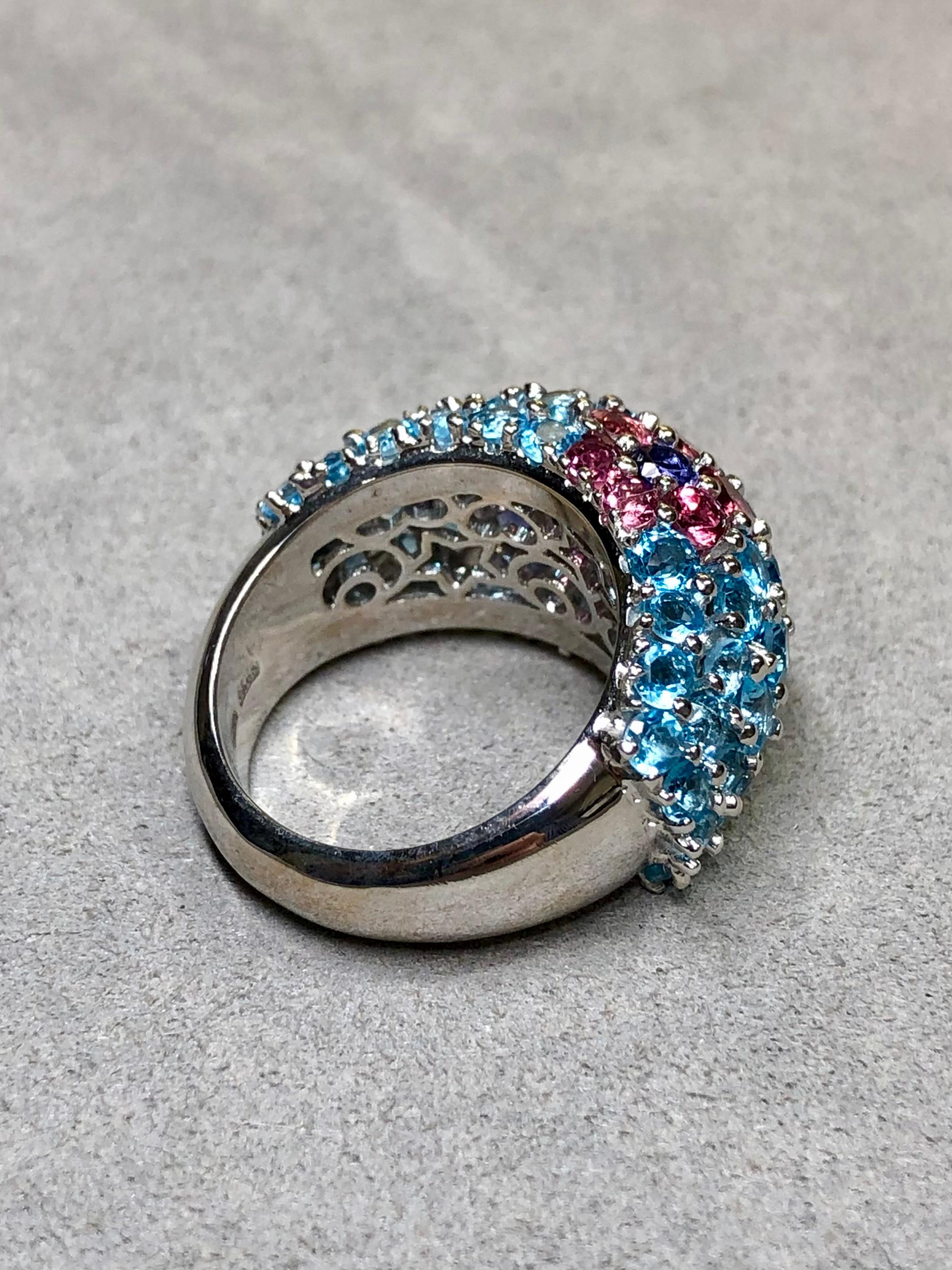 PASQUALE BRUNI 18K Topacio Iolita Turmalina Pave Bombe Cocktail Dome Ring Sz 7.5 Corte redondo en venta