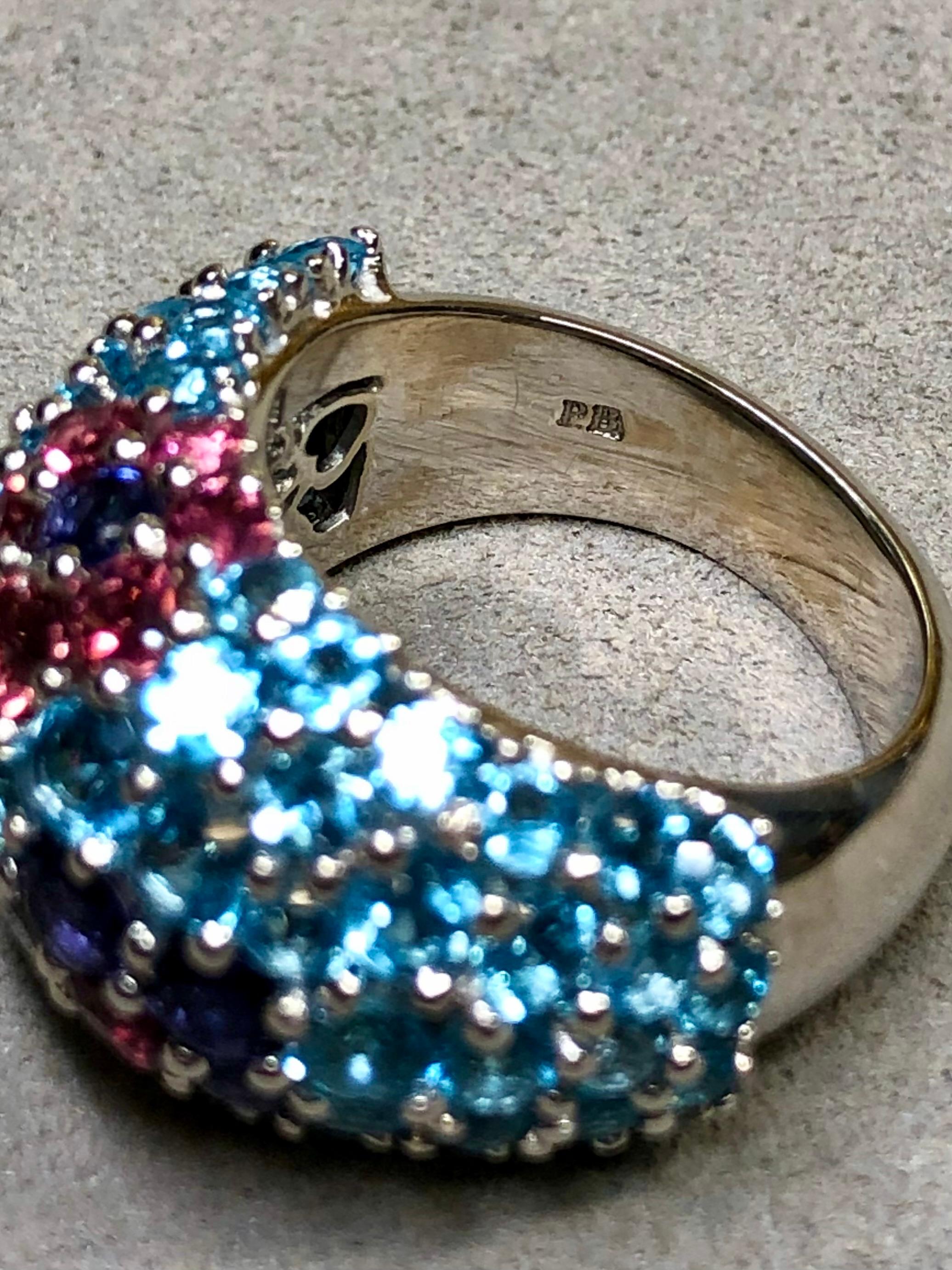 Femenino o masculino PASQUALE BRUNI 18K Topacio Iolita Turmalina Pave Bombe Cocktail Dome Ring Sz 7.5 en venta