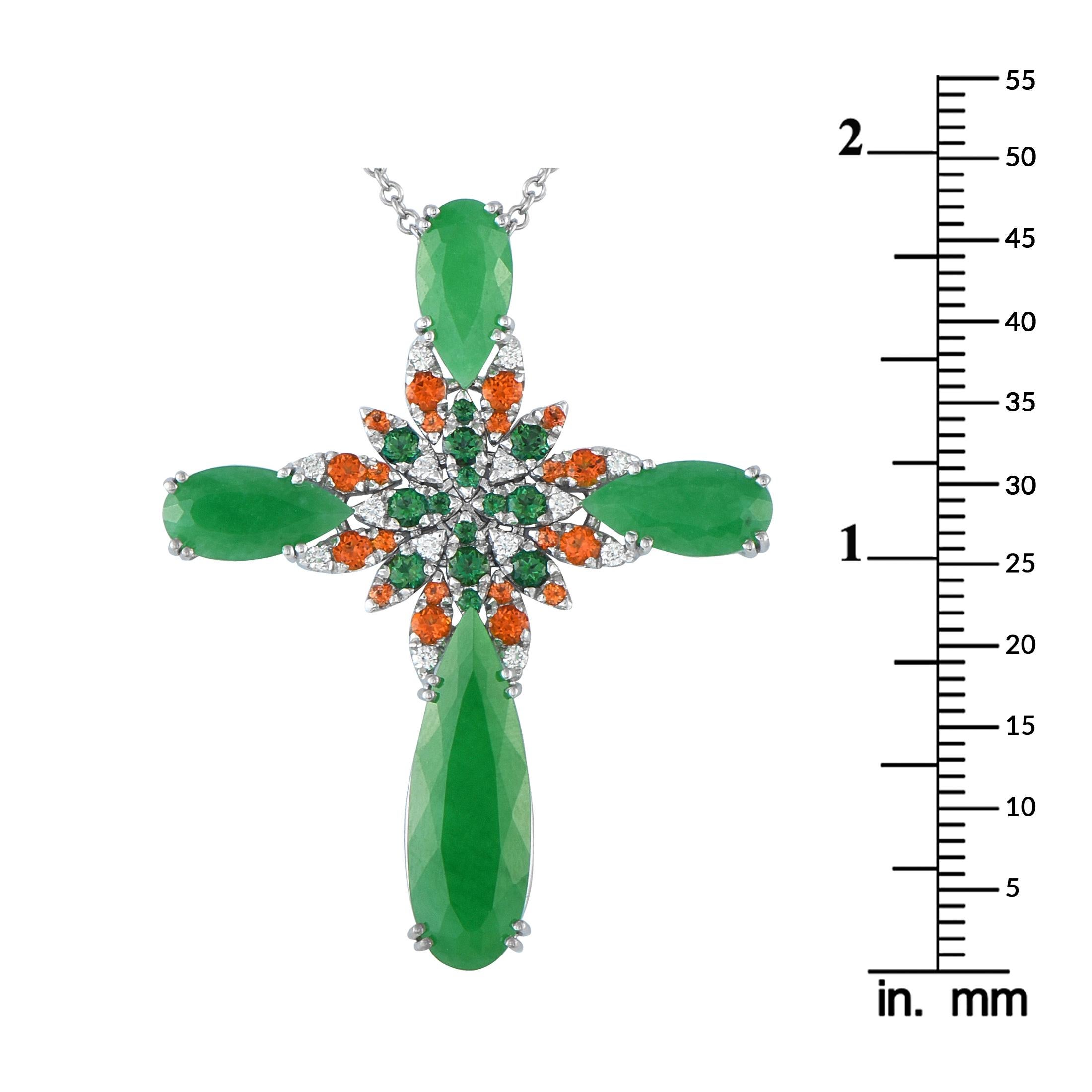Pasquale Bruni 18K White Gold 0.25ct Diamond, Jade and Garnet Cross Necklace In New Condition For Sale In Southampton, PA