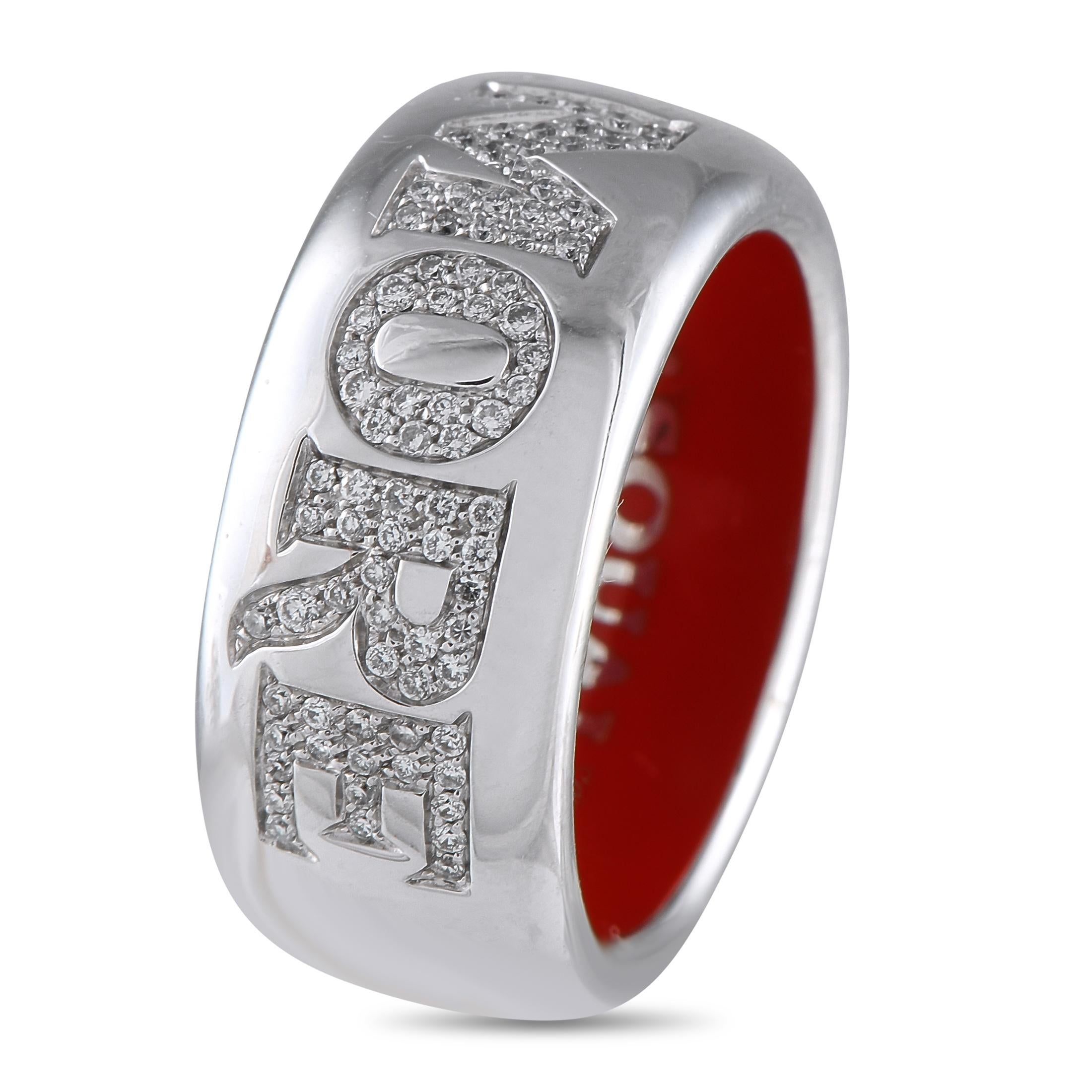 Express your love with this Pasquale Bruni ring. The sleek 18K White Gold setting comes to life thanks to the word Amore in bold lettering at the top. Inset Diamonds with a total weight of 0.33 carats add a touch of luxury to this charming