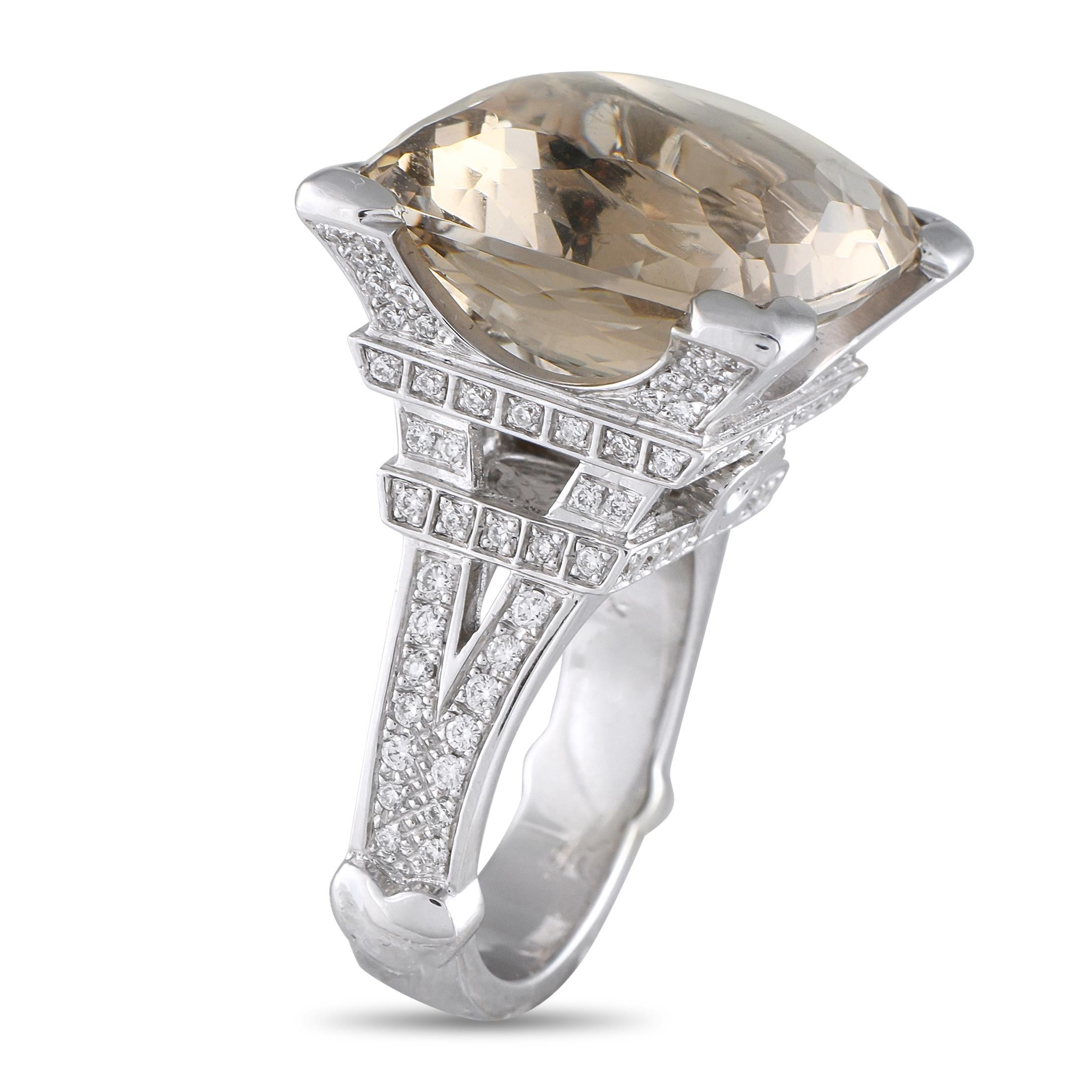 This Pasquale Bruni ring is captivating from every angle. Designed to resemble the iconic Eiffel Tower, the 18K White Gold setting is elevated by inset Diamonds totaling 1.10 carats. At the center, a faceted Smoky Quartz center stone serves as a