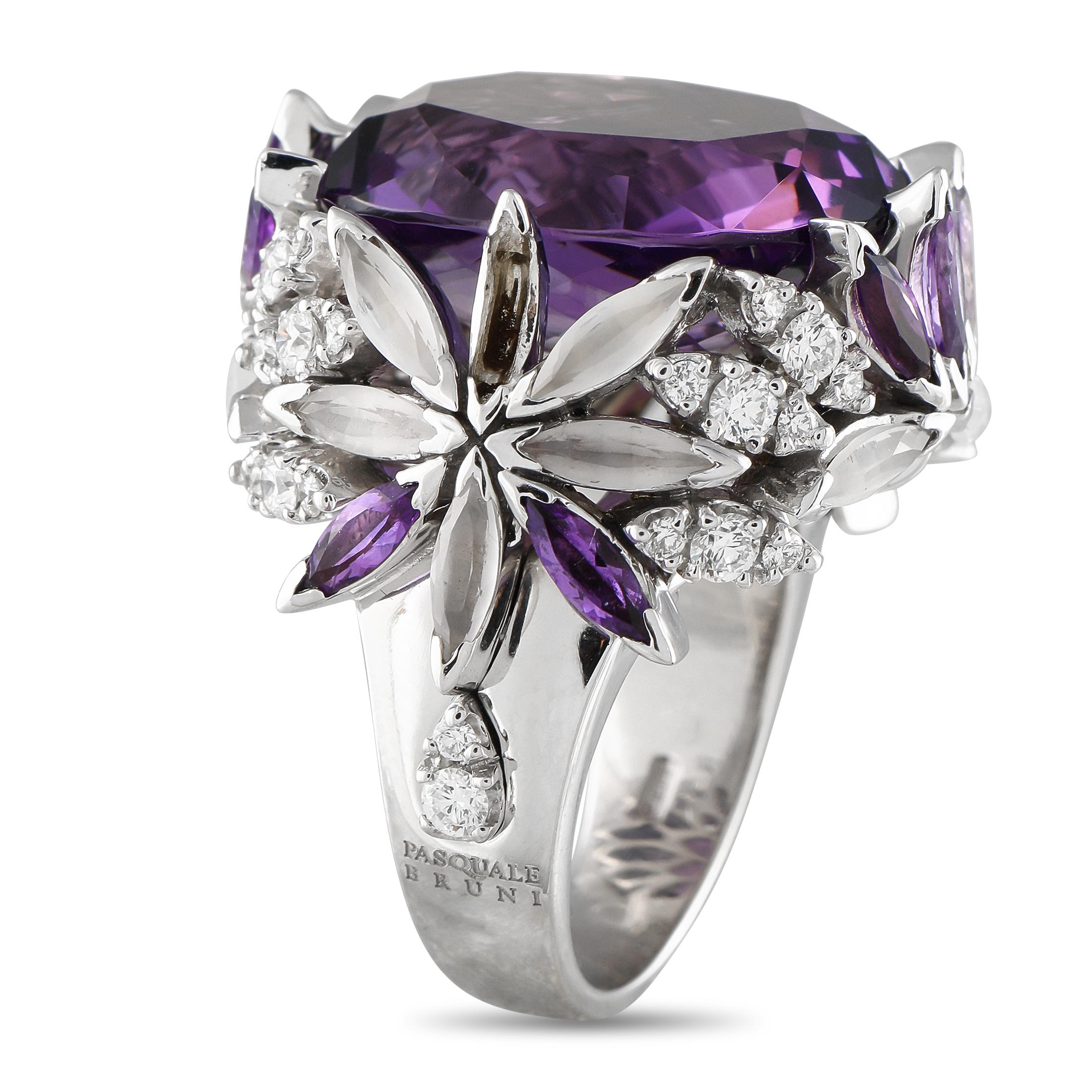 An ornate 18K White Gold setting makes this Pasquale Bruni ringbreathtaking from any angle. Amethyst gemstones add a stylish pop of color, while sparkling Diamonds with a total weight of 1.30 carats make it even more captivating. Ideal for even your