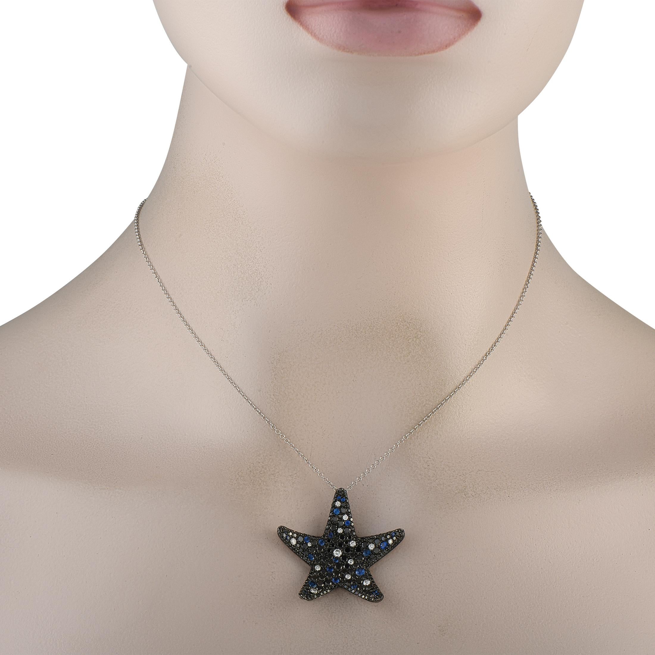 This Pasquale Bruni necklace is designed to make a statement. The stylish star-shaped pendant comes to life thanks to inset Diamonds with a total weight of 3.07 carats. Sapphire accents totaling 0.67 carats add an enchanting pop of color. Crafted