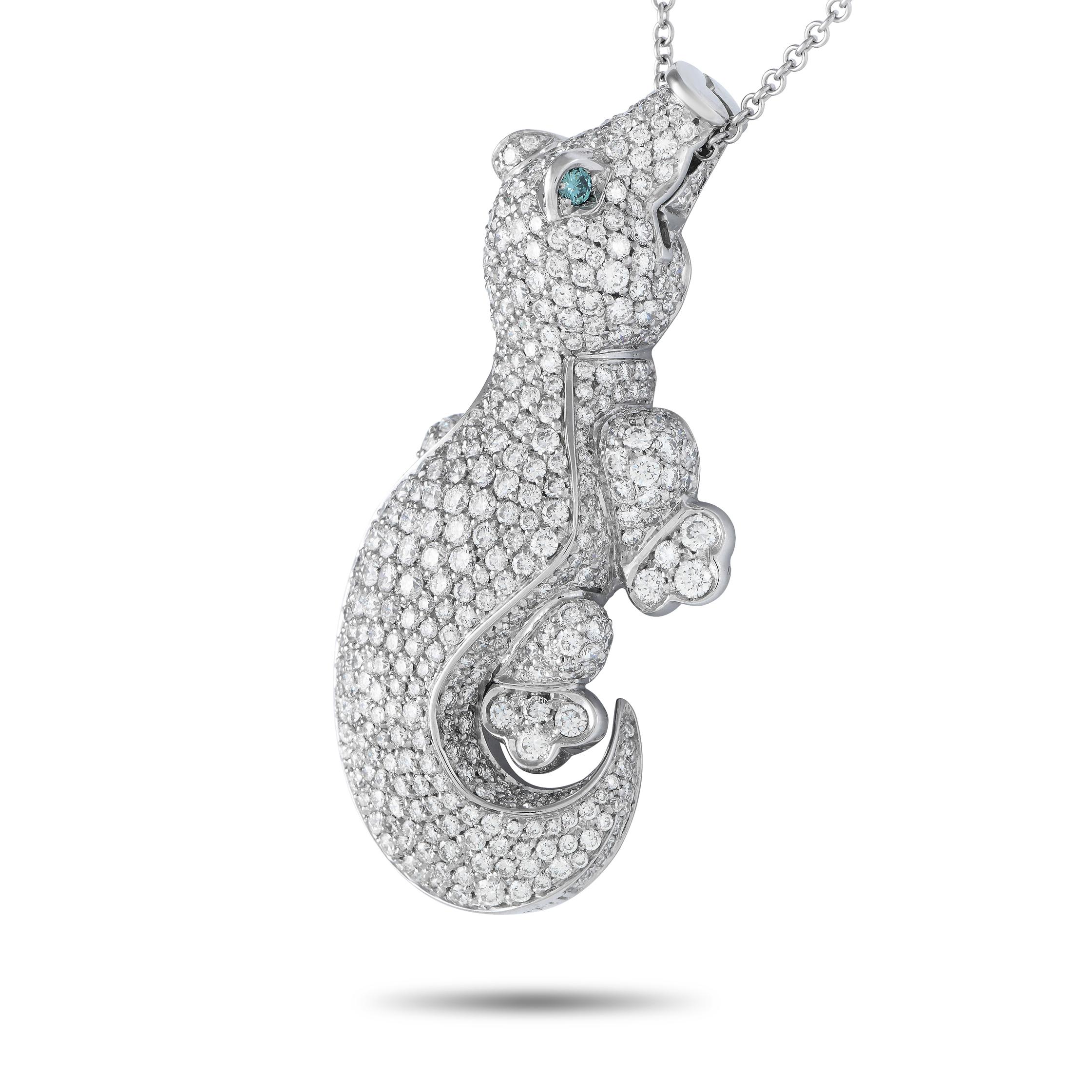 A captivating crocodile-shaped pendant makes this Pasquale Bruni necklace simply unforgettable. The 18K white gold pendant – which measures 2.10” long by 1.0” wide – is covered in 7.14 carats of sparkling diamonds and is suspended from a 28.0”