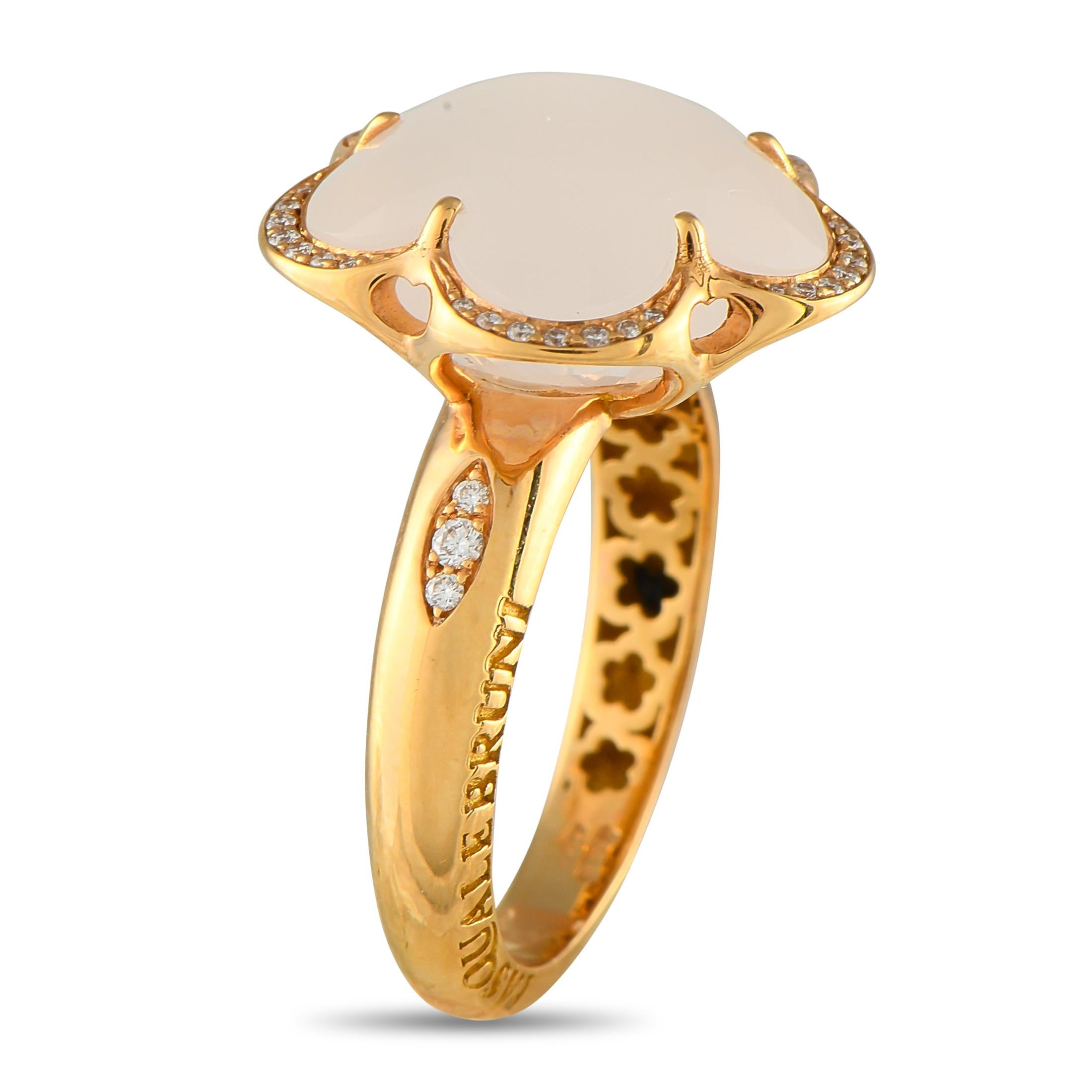 This Pasquale Bruni ring features the Italian luxury brands signature floral motif. Sophisticated and incredibly stylish, the sleek 18K Yellow Gold setting is elevated by sparkling Diamond accents totaling 0.13 carats. A rounded Quartz gemstone adds