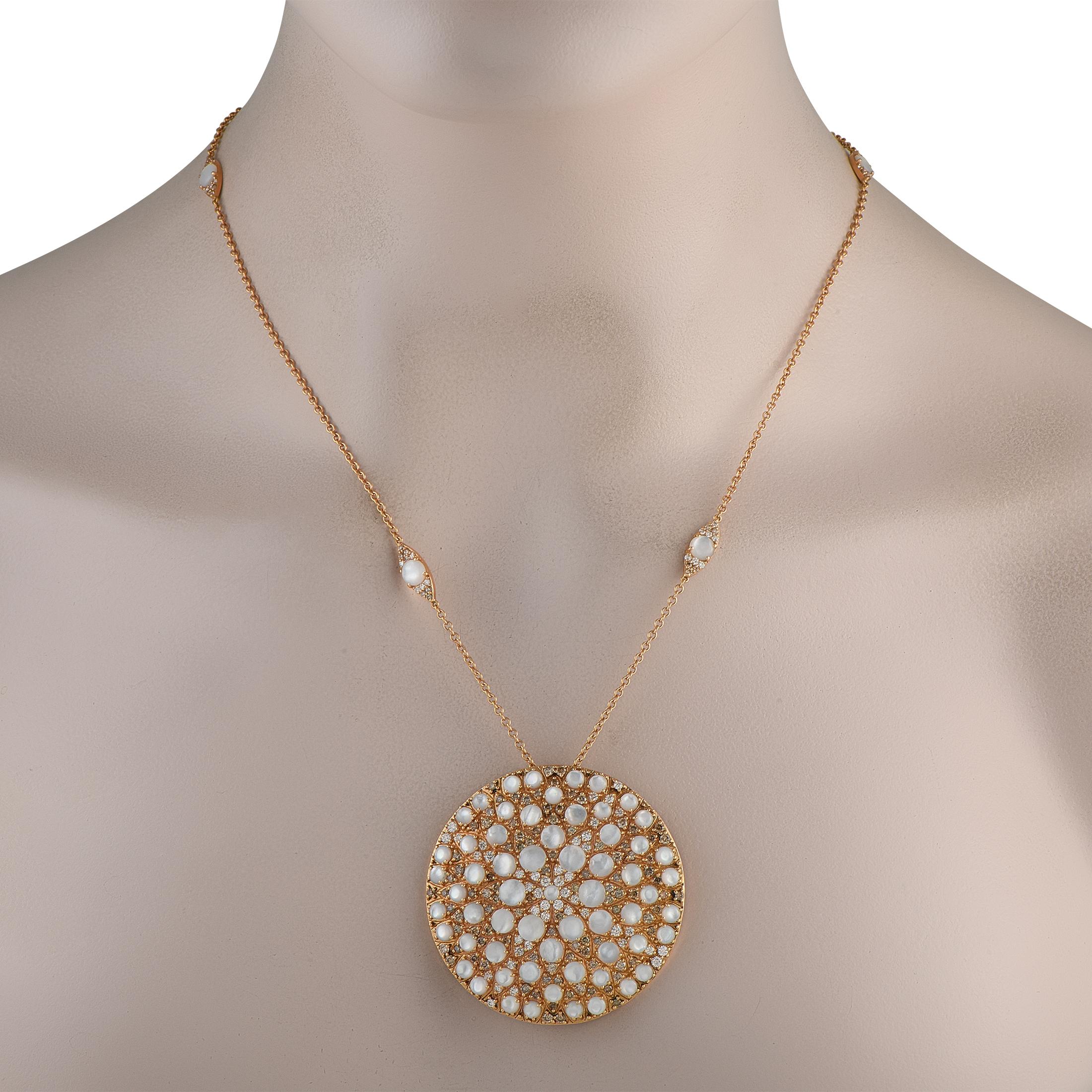 This Pasquale Bruni necklace will continually catch the light. A stunning combination of Mother of Pearl stones and Diamonds totaling 3.65 carats elevate the pendant and accent the 34 chain. Crafted from 18K Yellow Gold, the pendant measures 2