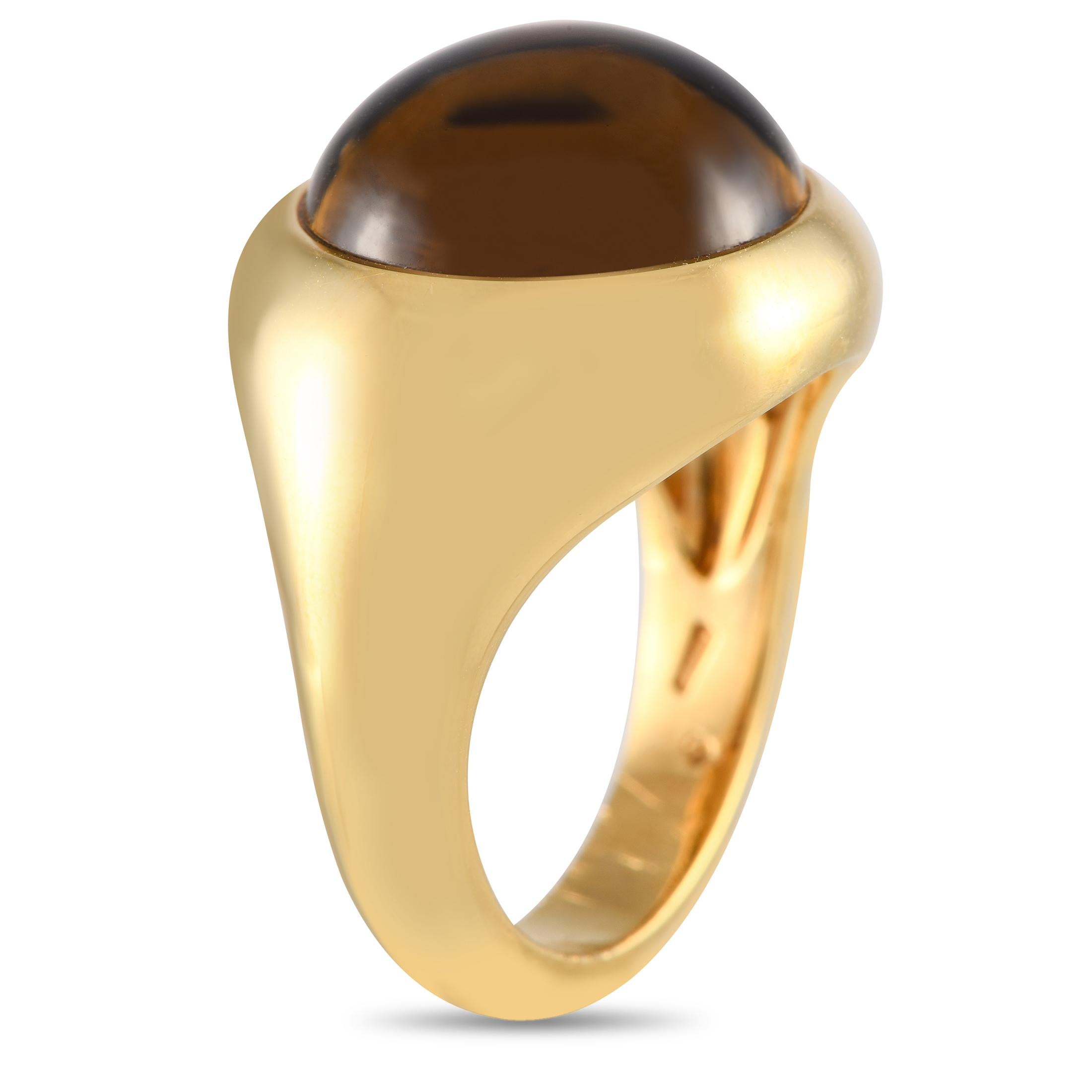An artful creation by Italian jewelry designer Pasquale Bruni. This yellow gold cocktail ring has a wide, domed top punctuated by a smoky quartz cabochon. Peek through the smoky gemstone to see the hidden trio of diamonds. The ring's top dimensions